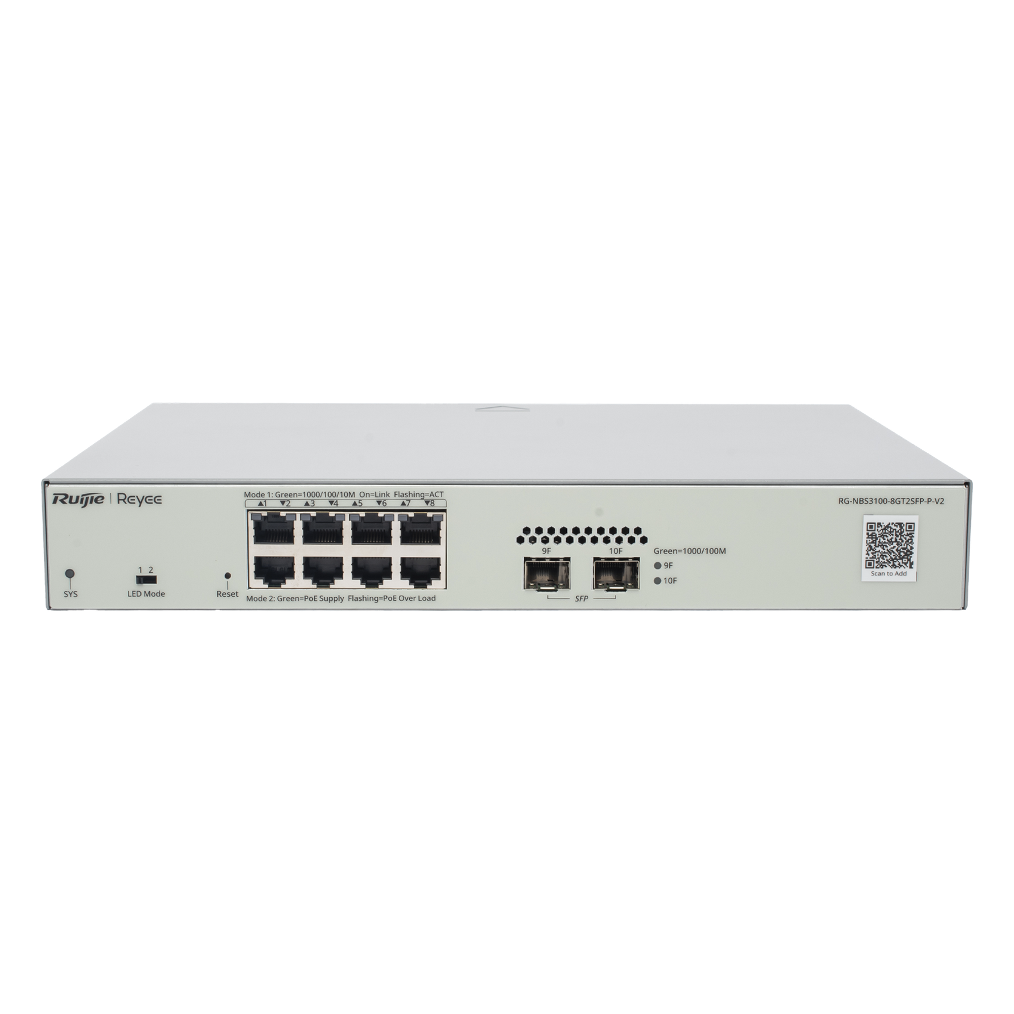 Switch Administrable PoE+ / 8 Puertos Gigabit / 2 SFP 1Gb / Capacidad 20 Gbps / Sin Ventilador / 125W PoE — RUIJIE · SKU RG-NBS3100-8GT2SFP-P-V2