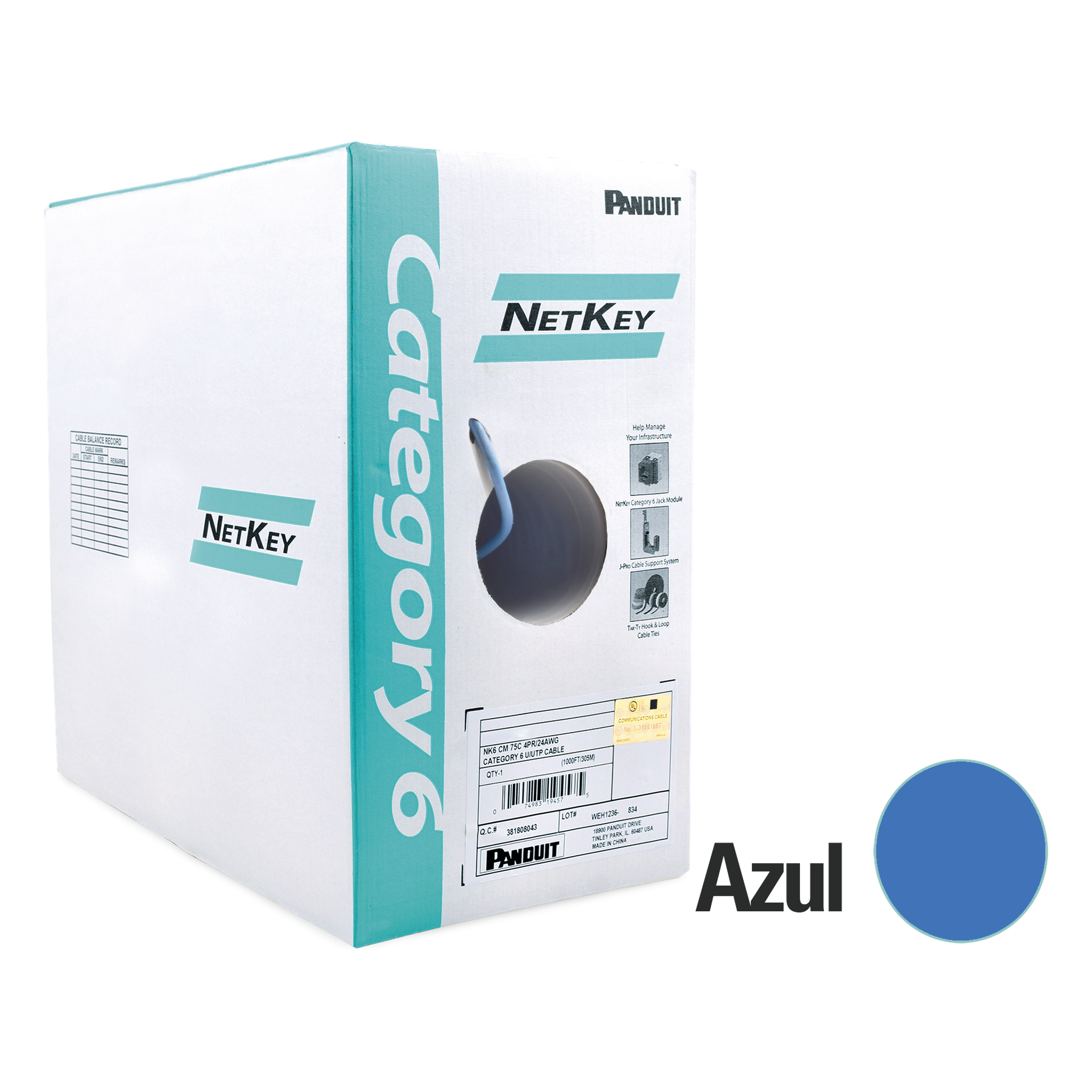 Bobina de Cable UTP / Categoría 6 / 24 AWG / 305 m (1000 ft) / 250 MHz / 1000 Mbps / PVC CM / 4 Pares