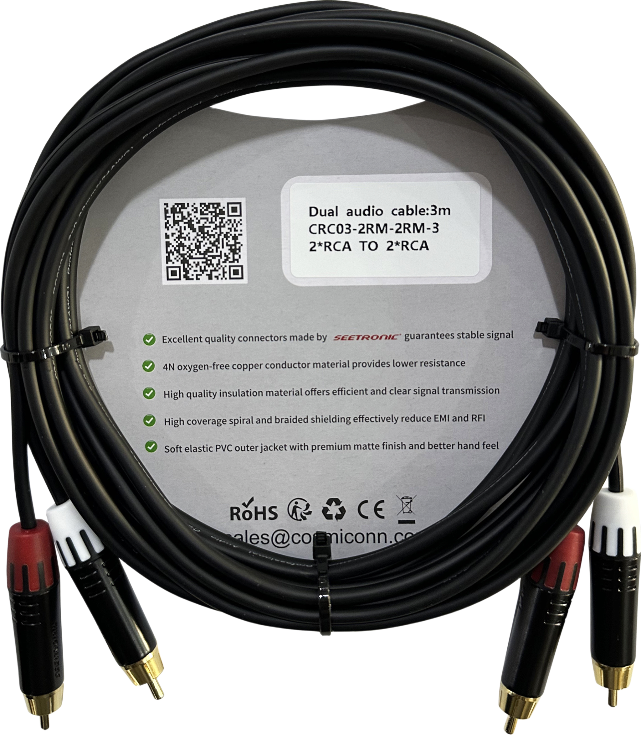 Cable 2 RCA x 2 RCA, conectores negros, con diferenciador de blanco y rojo (2x MT380-RD - 2x MT380-WH), length 3m
