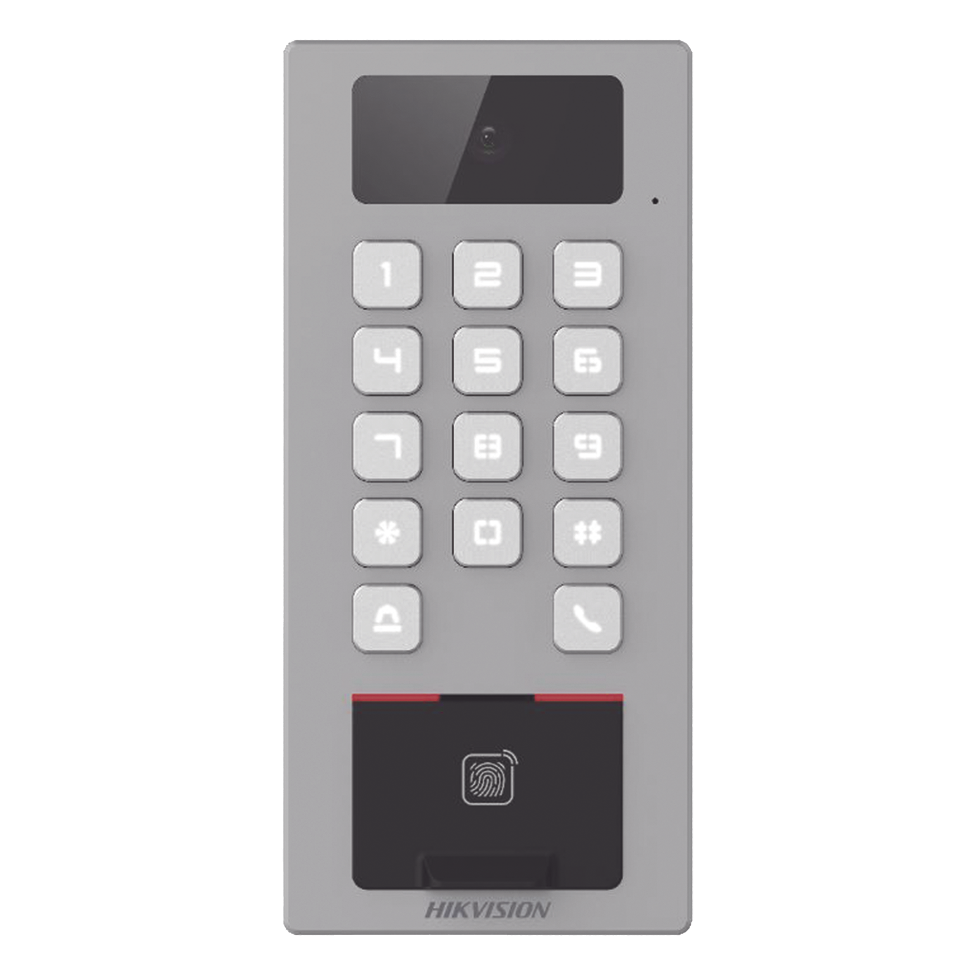 (PoE / 2 Relays) Terminal de Control de Acceso / Videoportero Multiapartamento Llamada a App / Teclado / Exterior Antivandálico IP65 & IK09 / Huella, Tarjeta, Código QR, PIN o App Hik-Connect / Cámara 2 MP compatible con NVRs — HIKVISION · SKU DS-K1T502DBFWX-C-E1