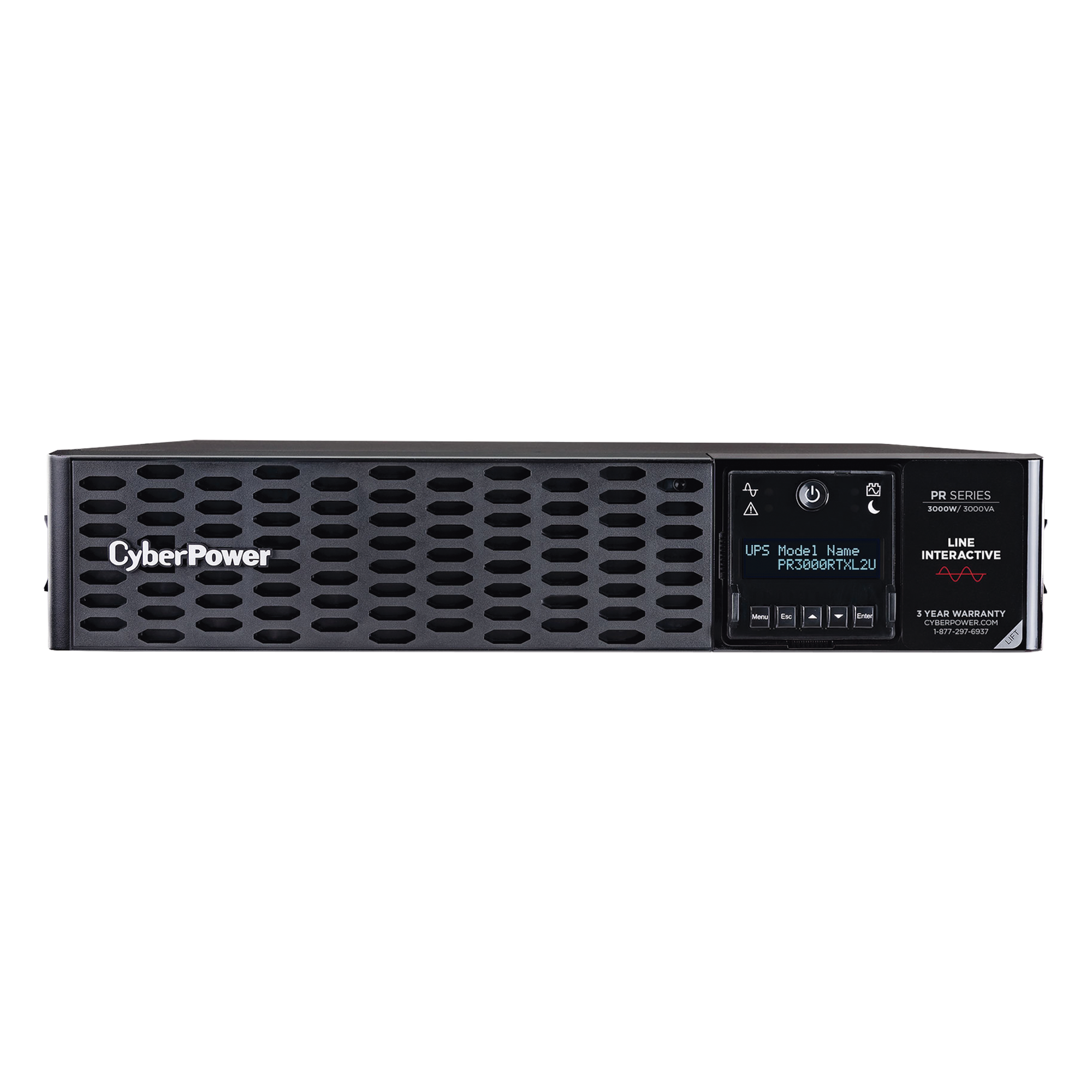 UPS de 3000 VA/3000 W, Topología Línea Interactiva, Entrada 120 Vca NEMA L5-30P, Onda Senoidal Pura, Torre o Rack de 2 UR, Con 8 Tomas 5-20R y 1 L5-30R — CYBERPOWER · SKU PR3000RTXL2U