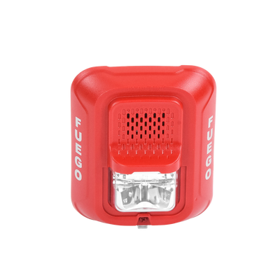 Sirena con Lámpara Estroboscópica a 2 Hilos, Montaje en Pared, Color Rojo, Configuración Estroboscópica Seleccionable y Texto en Español, Nuevo Diseño Moderno y Elegante y Menor Consumo de Corriente 