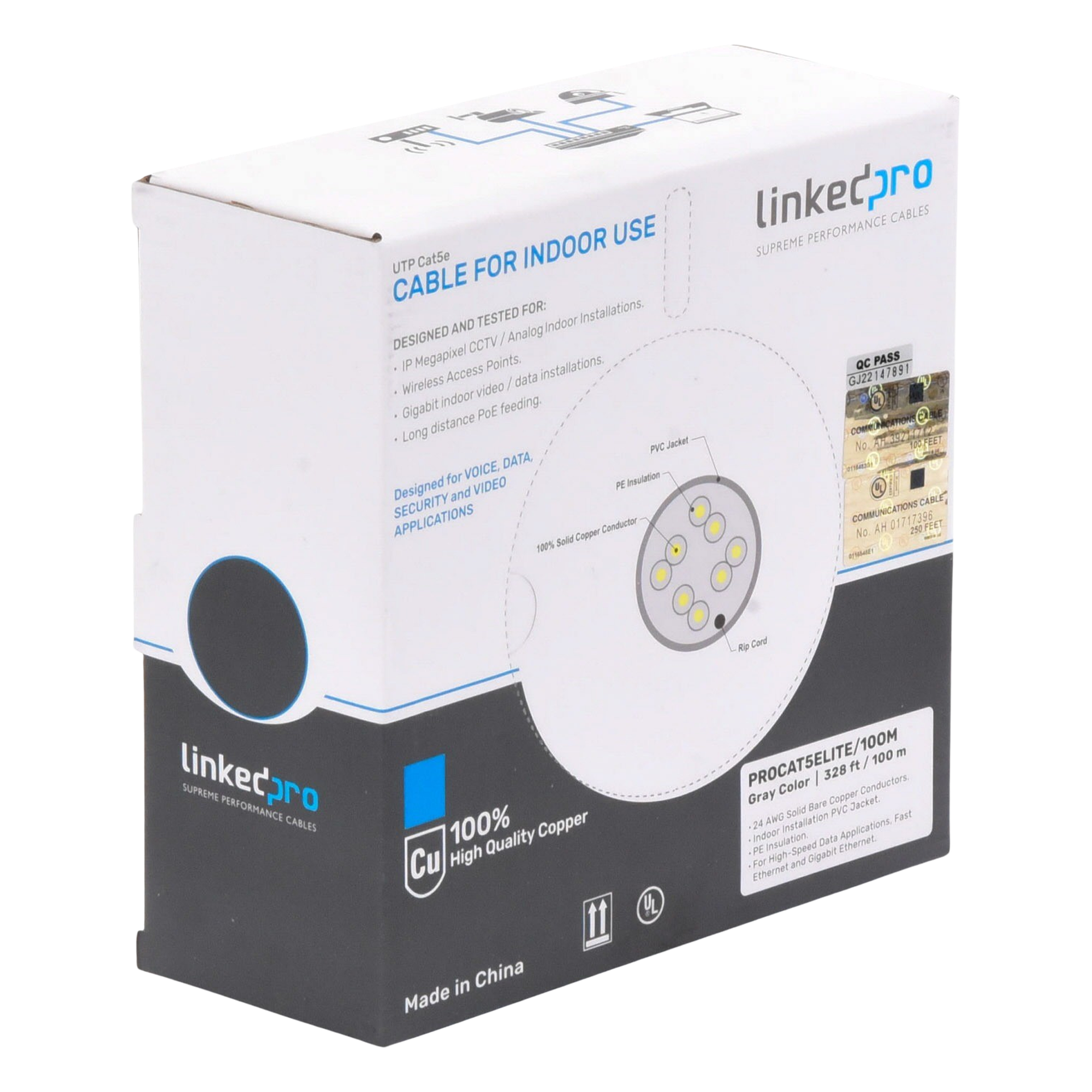 Bobina de Cable / Cat5e / 24 AWG / 100 m (328.08 ft) / UL / Interior / Gris — LINKEDPRO BY EPCOM · SKU PRO-CAT-5E-LITE/100M
