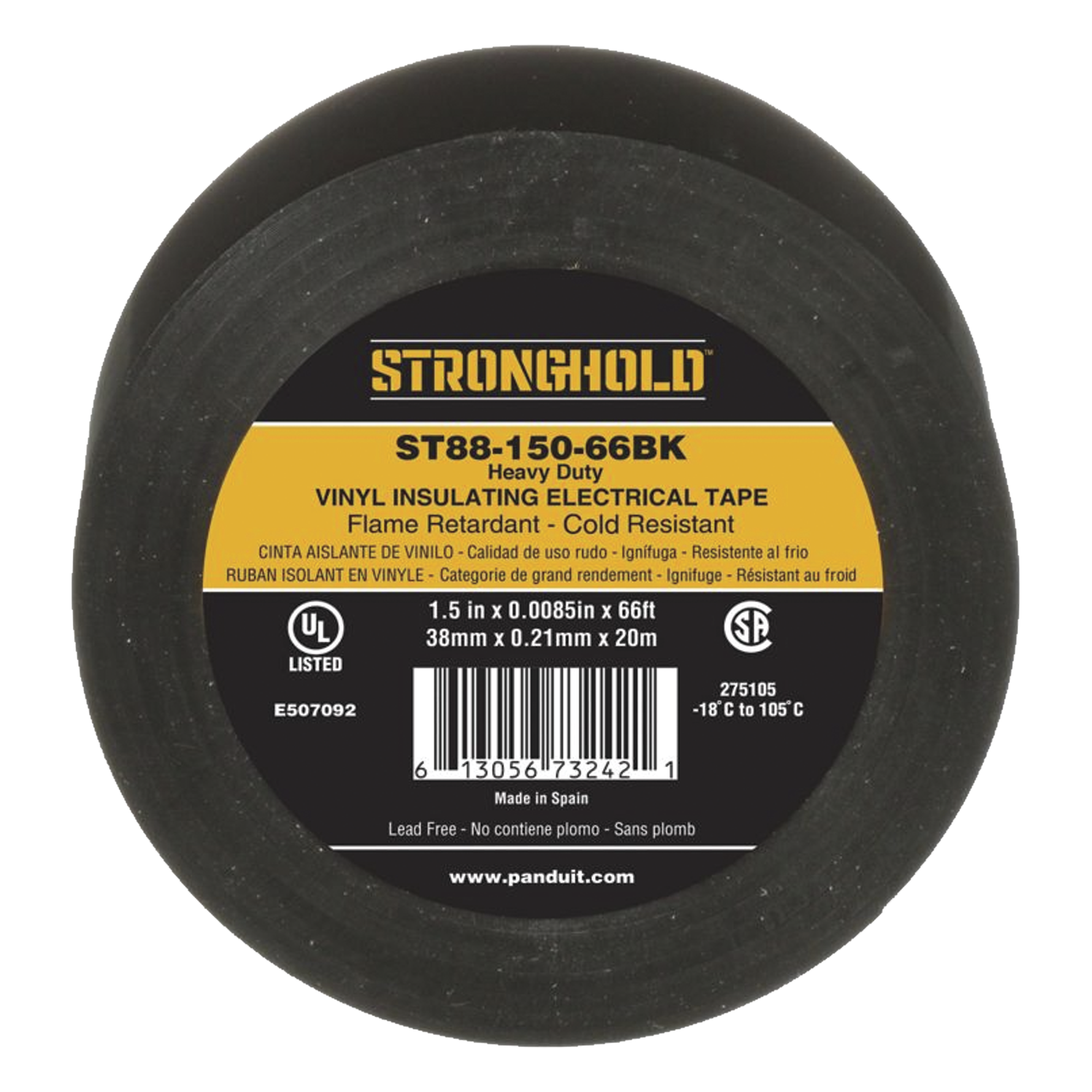 Cinta Eléctrica STRONGHOLD para Aislar, de PVC, Trabajo Pesado Eléctrico Industrial (Soporta UV, abrasión, agua, aceite y corrosión), Grosor de 0.21 mm (8.5 mil), Ancho de 38 mm, y 20 m de Largo, Uso Interior/Exterior, Color Ne — PANDUIT · SKU ST88-150-66BK