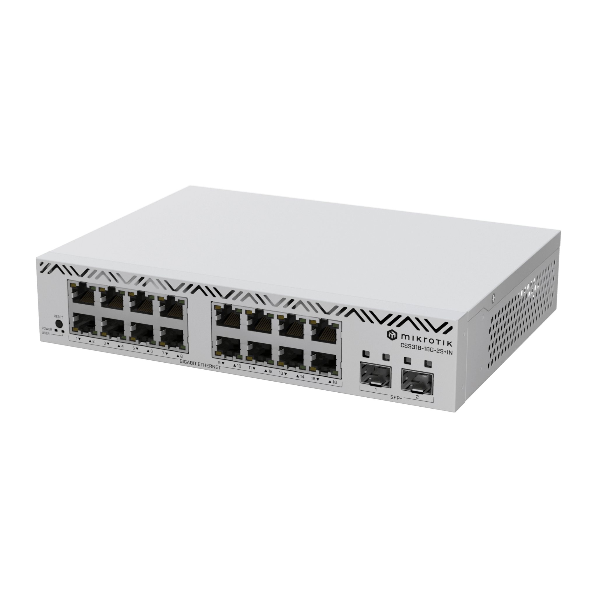 Switch MikroTik con 16 Puertos Gigabit Ethernet / 2 Puertos SFP+ 10G / Filtrado MAC y VLANs / SwOS Configuración Web — MIKROTIK · SKU CSS318-16G-2S+IN
