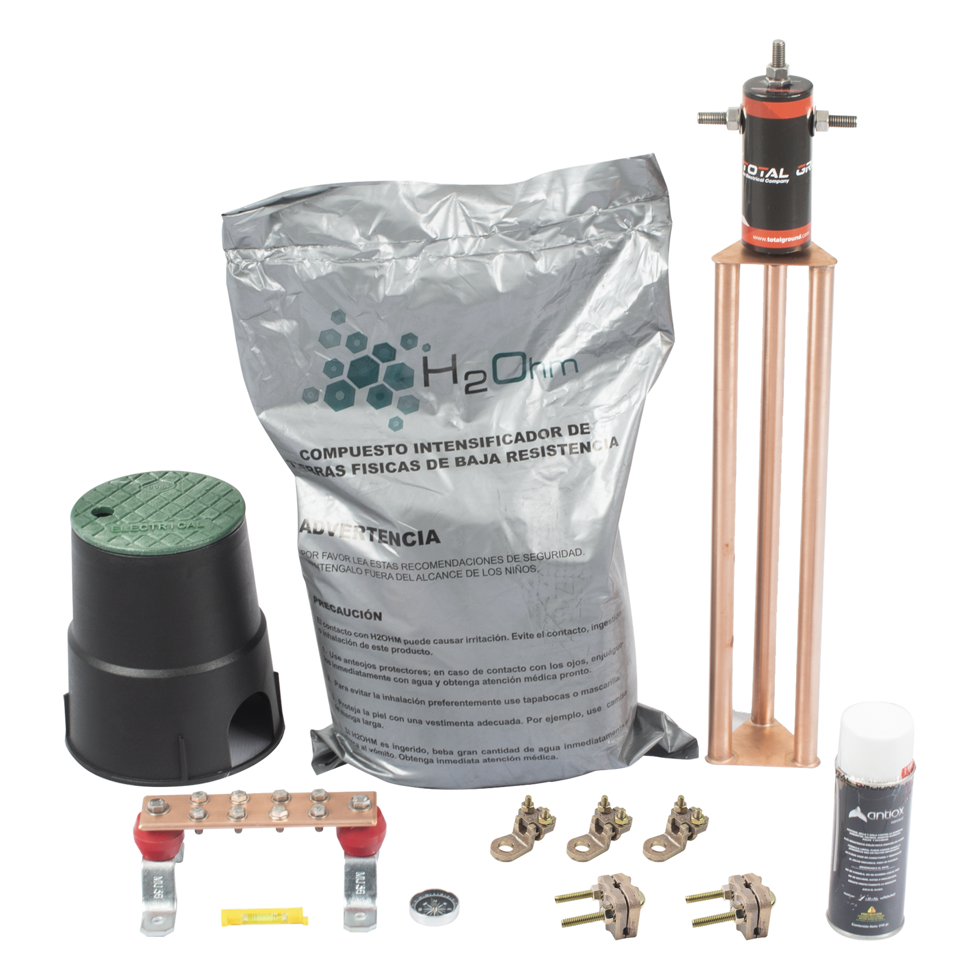 Kit de tierra física modelo TG45AB con Electrodo Magnetoactivo, capacidad: 45 AMP — TOTAL GROUND · SKU KIT-MASTER-45AB-V2
