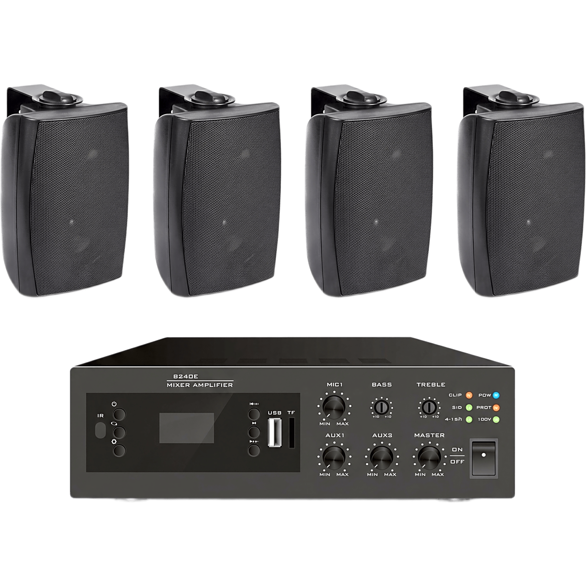 KIT de Amplificador de 240W para Escritorio | 4 Altavoces de Pared color Negro 2.5W - 20W | Sistema 70/100V — EPCOM PROAUDIO · SKU EPB240E/4WS