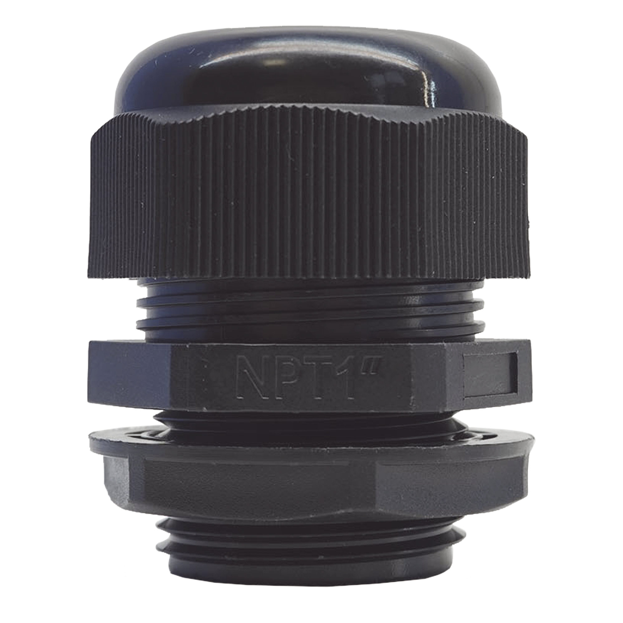 Conector Glándula Plástico / Rosca NPT 1" (25.4 mm) / Rango de Cable 16-22 mm / Color Negro / 7 Dimensiones Precisas — TXPRO · SKU TXG-PG-100NBK