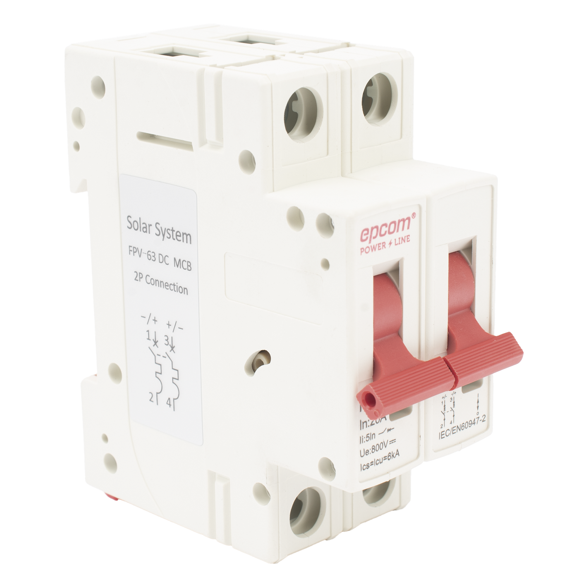Protección Térmica/ Interruptor 2P, 20 A,  Corriente Directa  800 Vcc para Aplicación Fotovoltaica Montaje Riel DIN — EPCOM POWERLINE · SKU FPV632PC20