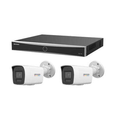 [ KIT ACUSEEK 2 CAM + 1 NVR ] / NVR 12 Megapixel / 8 Canales IP / 8 Puertos PoE / Cámara 4 MP / Tipo Bullet / Luz Dual 30 mts IR + 30 mts Luz blanca / Microfono Integrado / Exterior IP67 / WDR