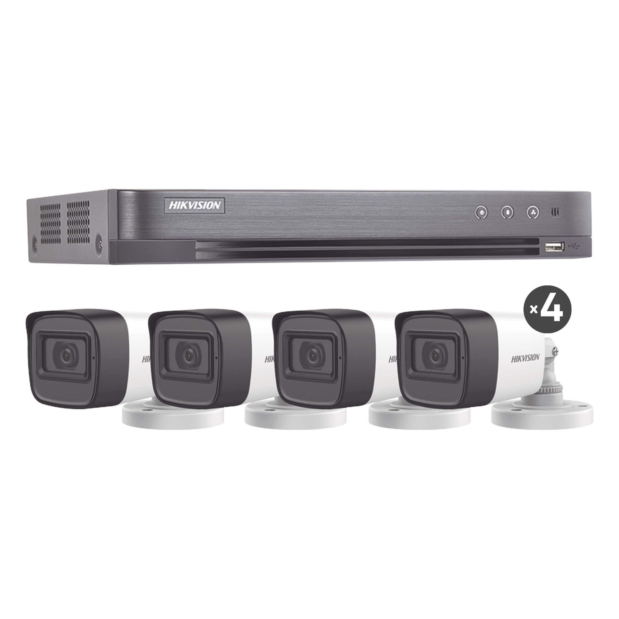 (MICRÓFONO INTEGRADO) KIT TURBOHD 5 Megapixel / DVR 4 Canales / 4 Cámaras Bala con Micrófono Integrado (exterior 2.8 mm) / Fuente de Poder / Accesorios de Instalación — HIKVISION · SKU HIK5MPSLQ-KIT(B)