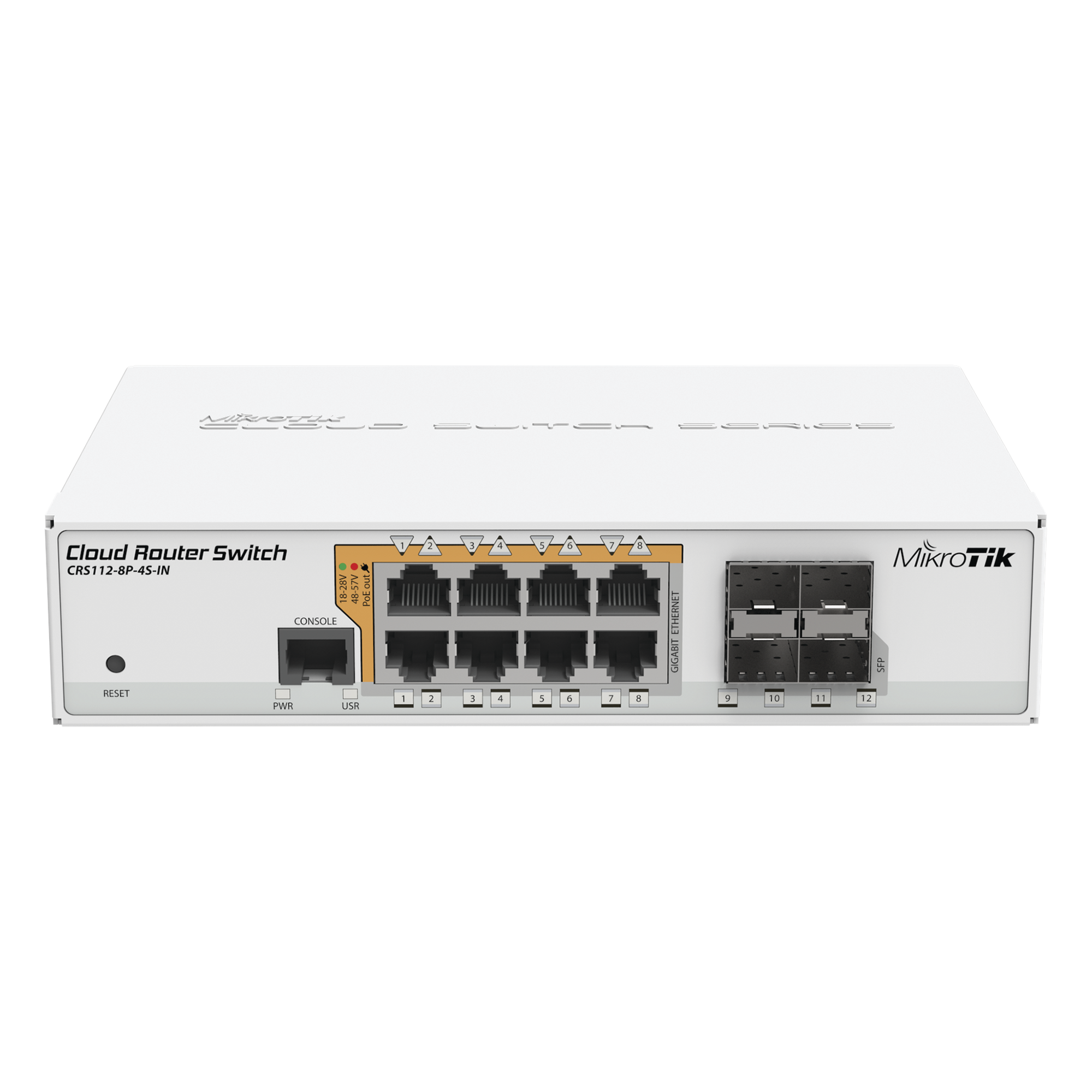 Switch PoE Administrable L3 / 8 Puertos Gigabit RJ45 / PoE 802.3af/at y Pasivo / 4 Puertos SFP 1 Gbps / 160 W / 12 Puertos Independientes — MIKROTIK · SKU CRS112-8P-4S-IN