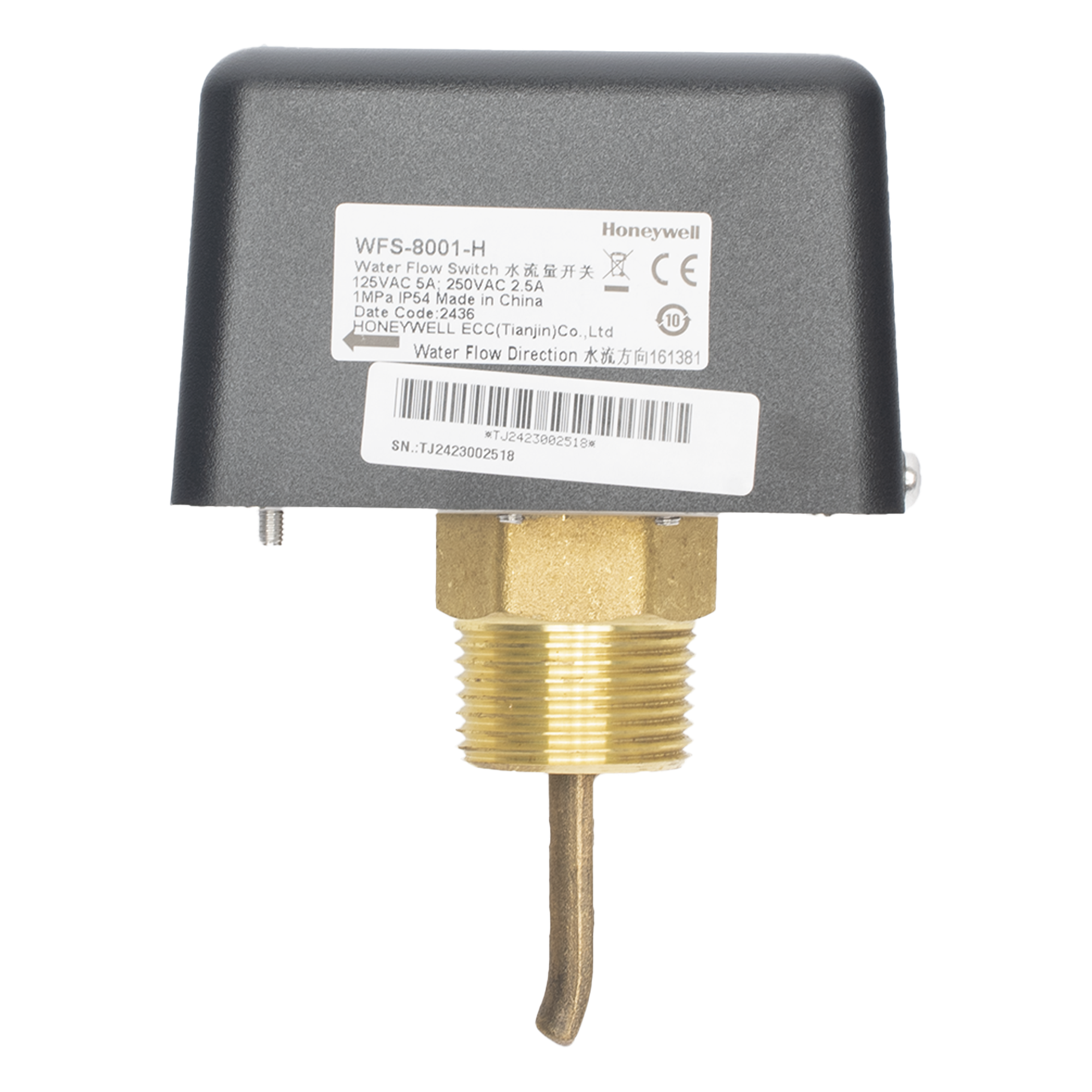 Interruptor de flujo de agua tipo paleta con salida SPDT para protección por interbloqueo en sistemas HVAC — HONEYWELL BMS · SKU WFS-8001-H