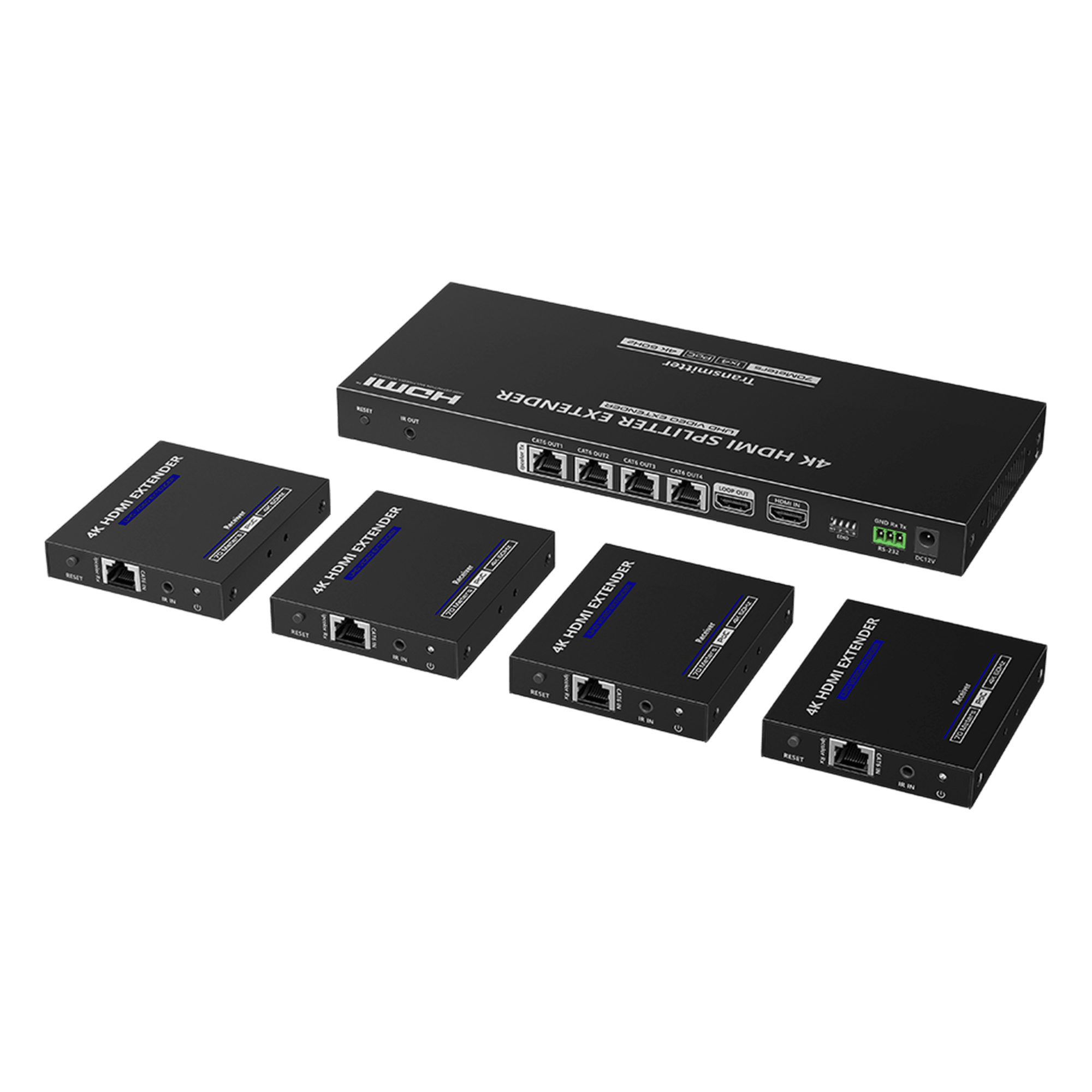Kit Divisor y Extensor HDMI | 1x4 | Hasta 70 m |Resolución 4K @ 60 Hz | Cat 6/6a/7 | IPCOLOR | CERO LATENCIA | EDID | RS232 | Salida Loop / PoC — EPCOM TITANIUM · SKU TT-824N