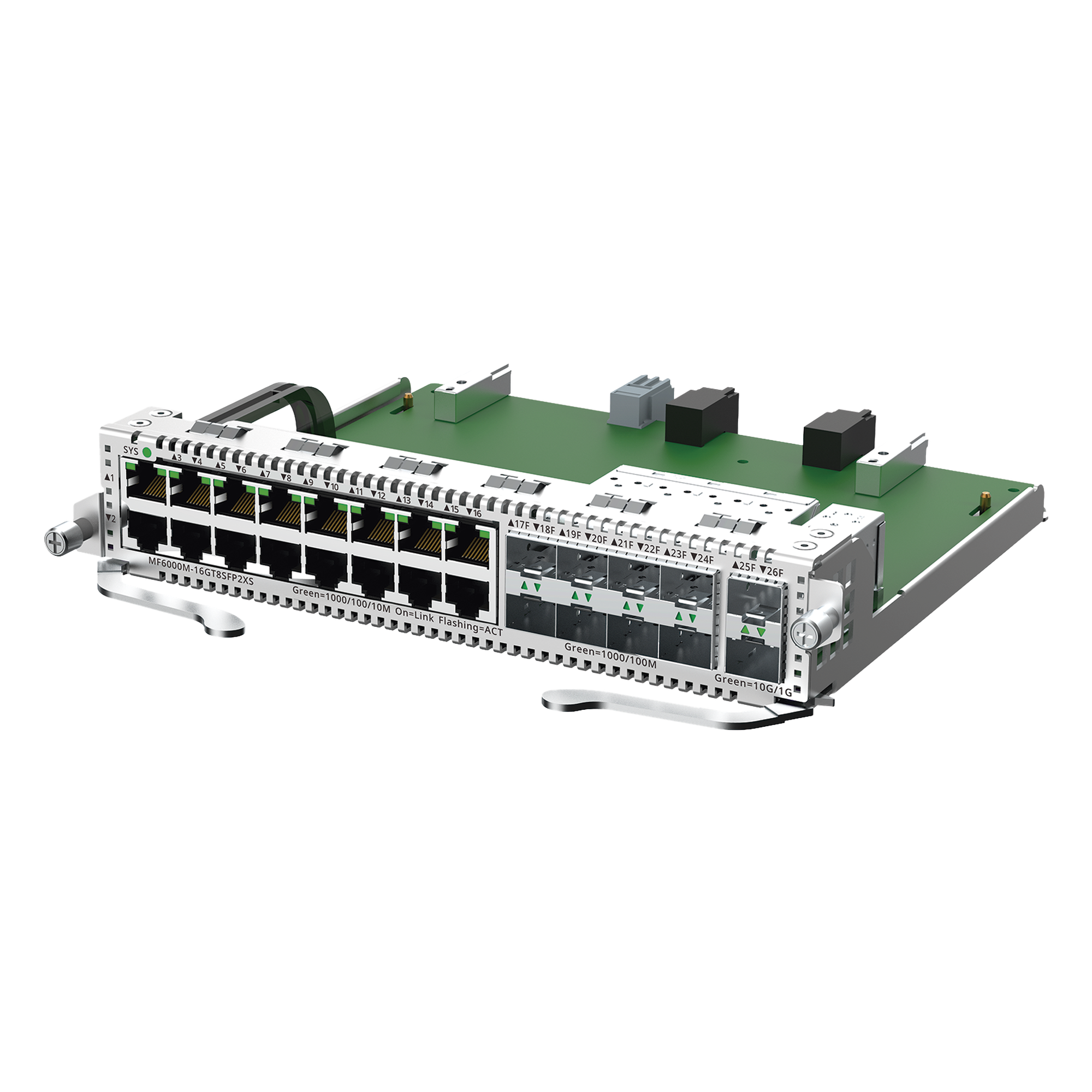 e-Lighten Tarjeta Modular para OLT modelo RG-NBF6002M, 16 puertos Ethernet de 1G, 8 puertos SFP de 1G y 2 puertos SFP+ de 10G — RUIJIE · SKU MF6000M-16GT8SFP2XS