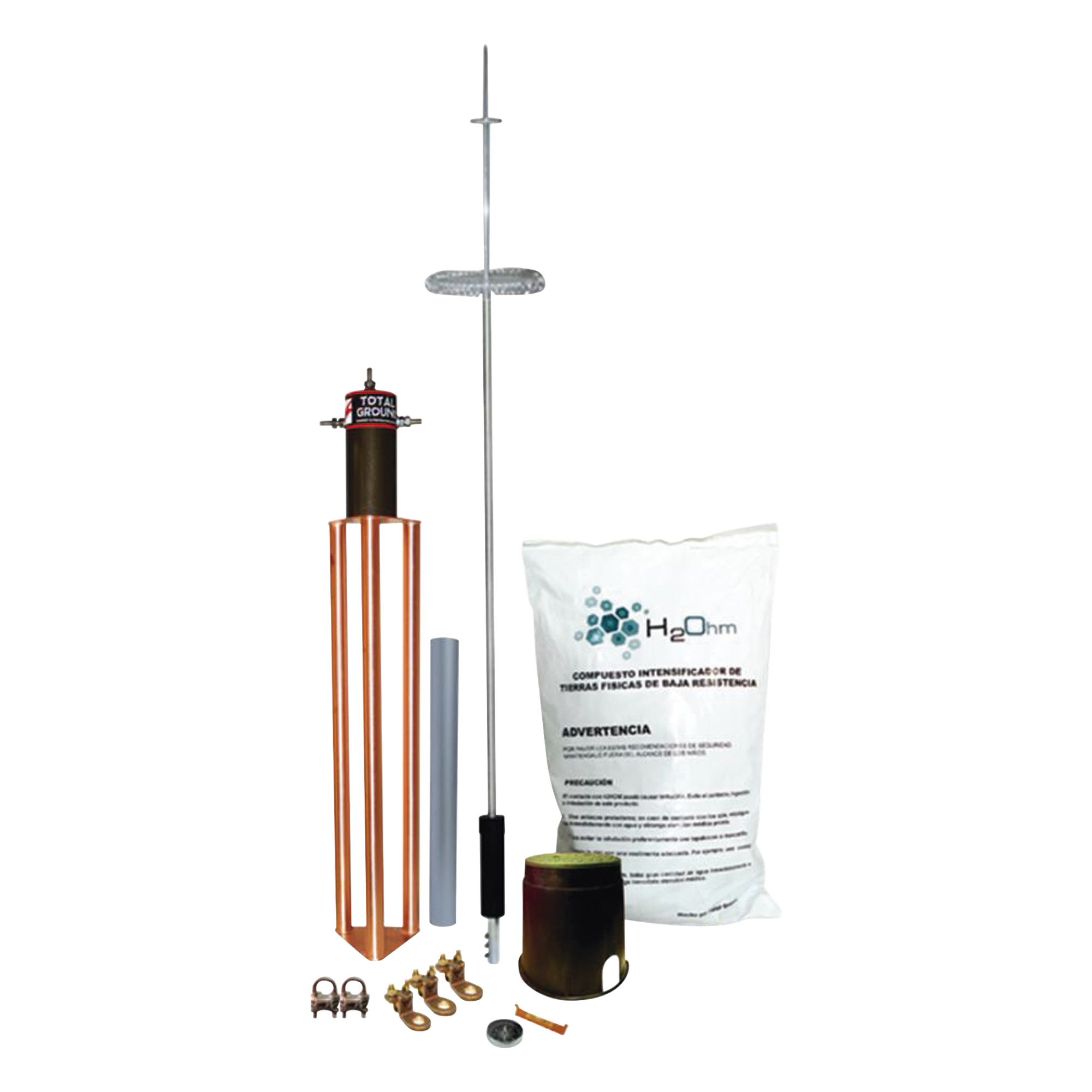 Kit de Pararrayo para Torre o Poste tipo Dipolo Corona con Electrodo y Accesorios de instalación. — TOTAL GROUND · SKU KIT-DIPOLO-T