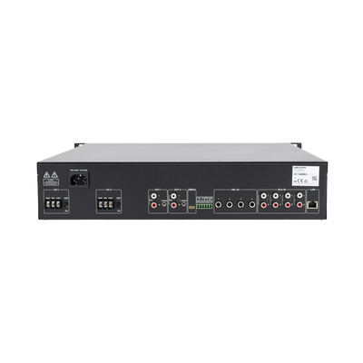 Amplificador de audio | 2 zonas de 250W | 100V/70V | Calendarización de eventos | Biblioteca de Materiales de Audio | Entrada de Alarma | Hik-connect /Hikcentral profesional