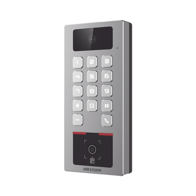 (PoE / 2 Relays) Teclado con Lector Físico de QRs para Exterior Antivandálico IP65 & IK09 con función de Videoportero Multiapartamento / Tarjeta, Código QR, PIN o App HikConnect / Cámara 2 MP compatible con NVRs /