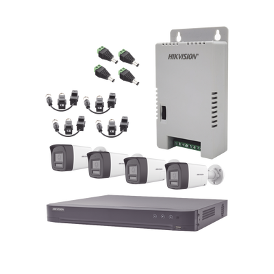 Kit Audio Bidireccional TurboHD 4K-3K / DVR 4 Canales 4K / 4 Cámaras Bala (Exterior) con Bocina y Microfóno Integrado 3K / 1 Fuentes de Poder / Accesorios — HIKVISION · SKU KH-4K-4B-TWA