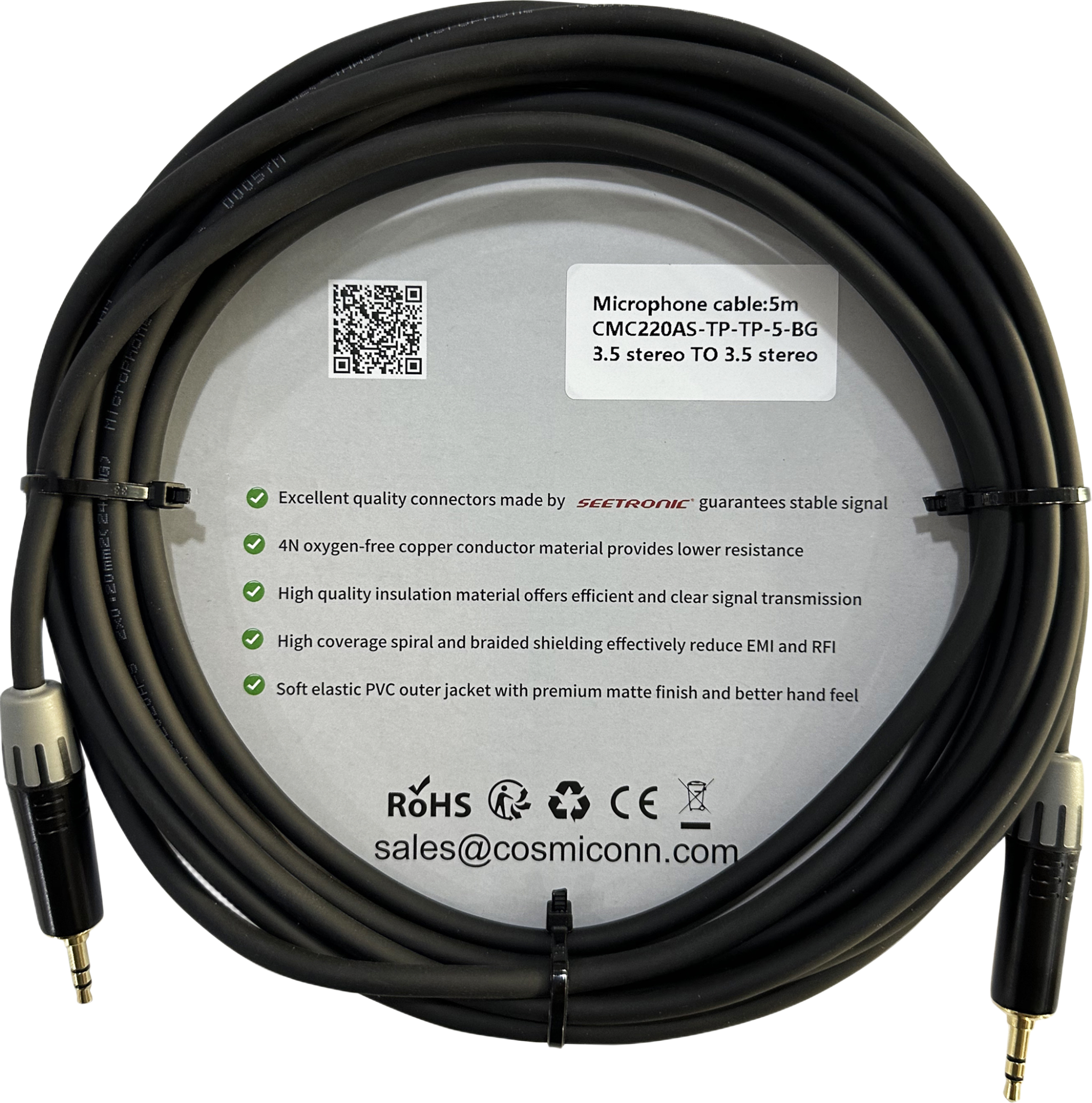 Cable 3.5mm a 3.5mm, conectores color negro MTP3C-BG, length 5m