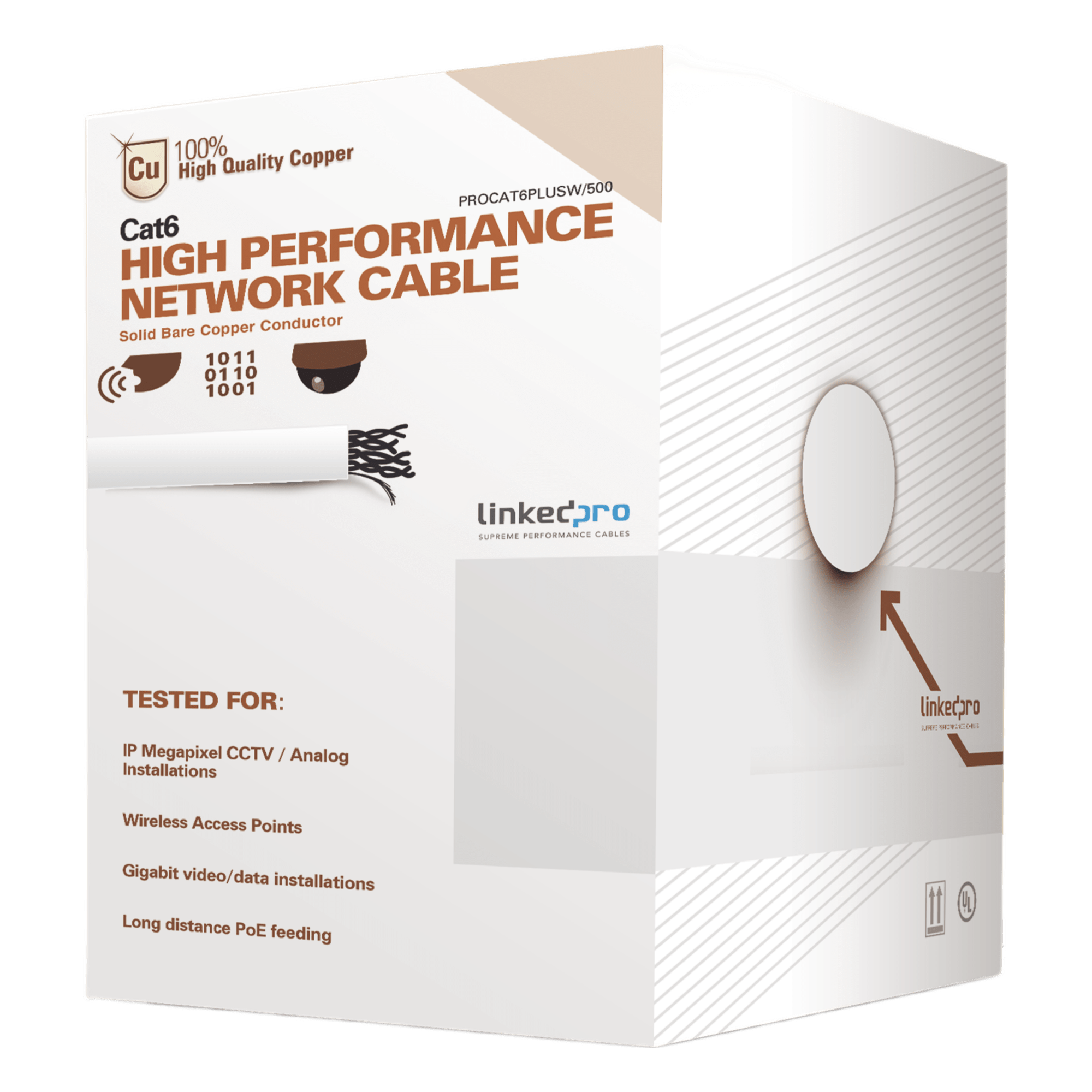 Bobina de Cable de 152 Metros (500 Pies) Cat6+ Calibre 23 Alto Desempeño, Super Flexible, UL, Color Blanco, para Aplicaciones de Video Vigilancia y Redes de Datos — LINKEDPRO BY EPCOM · SKU PRO-CAT-6-PLUS-W/500
