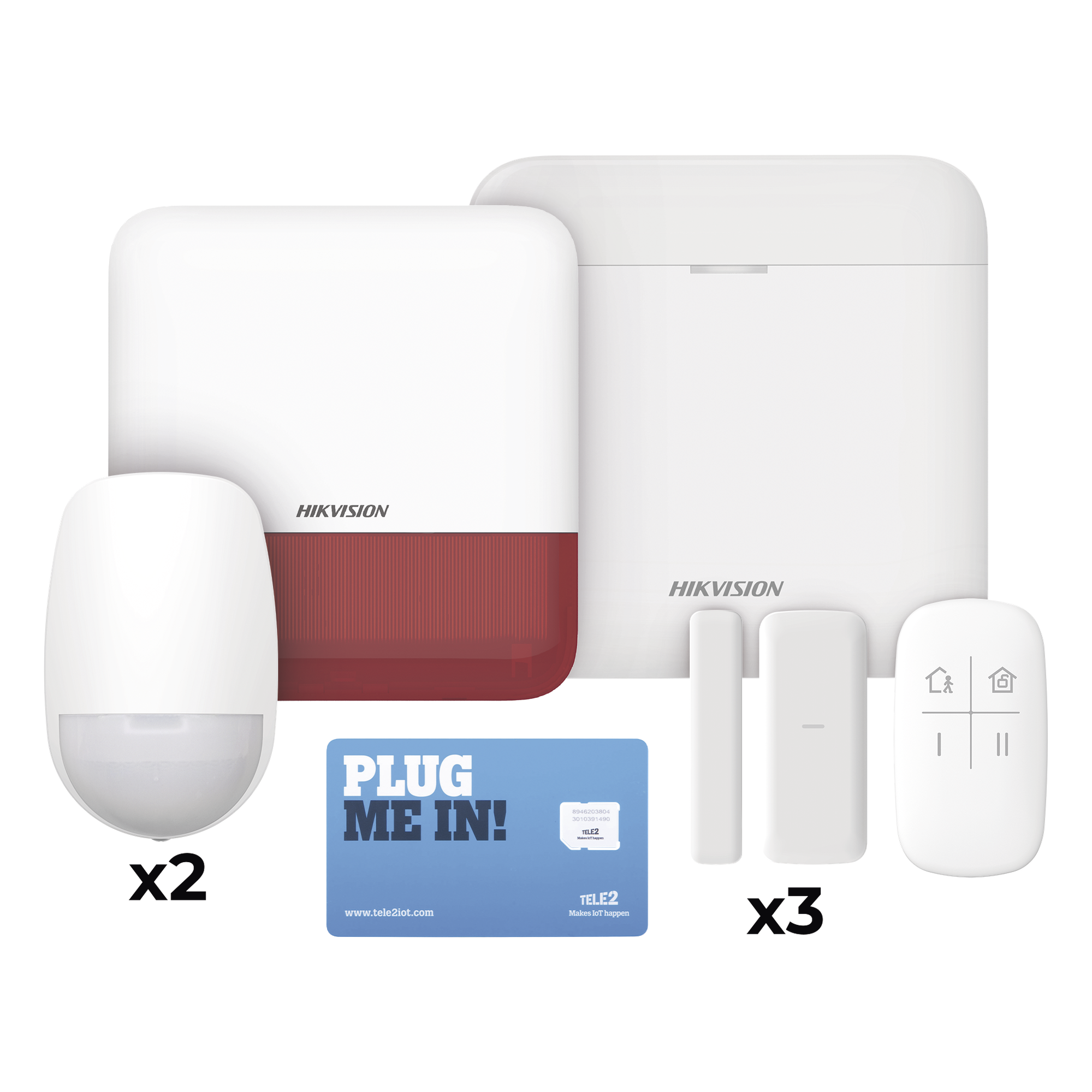 (AX PRO) KIT de Alarma AX PRO con GSM (3G/4G), Wi-Fi y Ethernet / Incluye: 1 Hub con batería de respaldo / 2 Sensores PIR / 3 Contactos Magnéticos Slim / 1 Control Remoto / 1 Sirena Roja Inalambrica Exterior — HIKVISION · SKU DS-PWA48-KSDV2(R)
