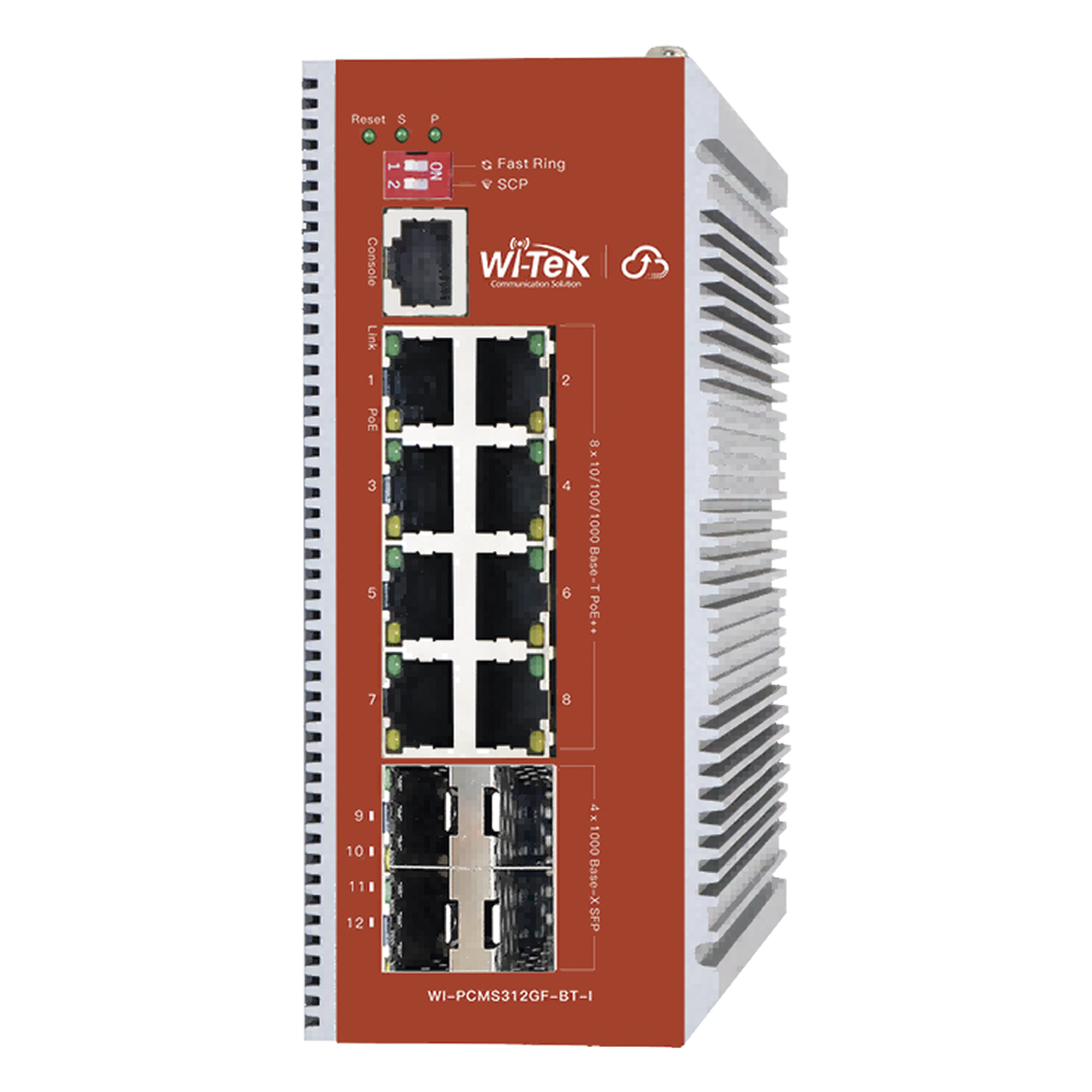 Switch L2+ PoE Industrial / Administración Cloud-Web-CLI / 8 Puertos PoE af/at/bt 100/1000 Mbps / 4 Puertos SFP Gigabit / Presupuesto PoE 460 W / Protocolo ERSP (redundancia enlaces) — WI-TEK · SKU WI-PCMS312GF-BT-I