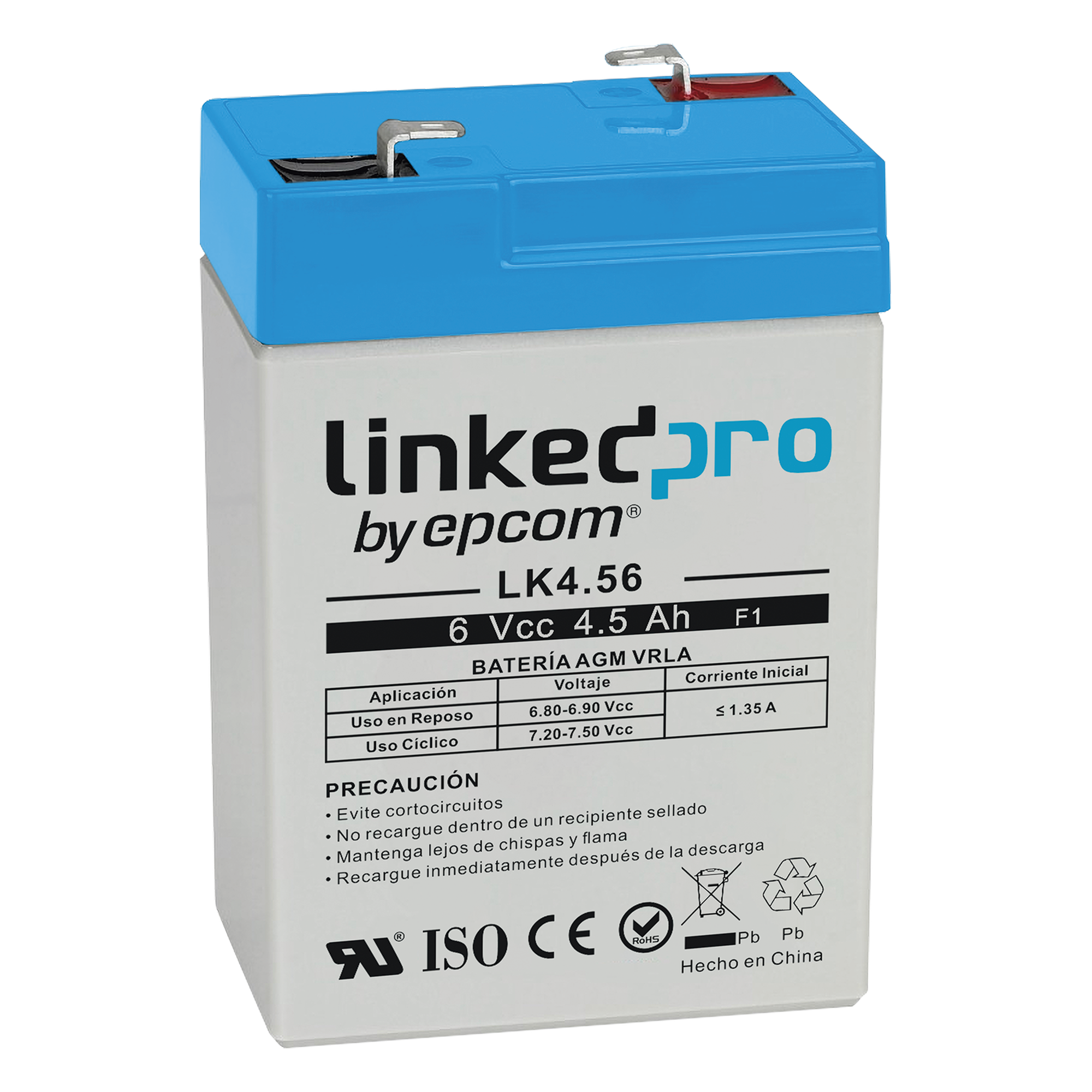 Batería de respaldo 6 V | 4.5 Ah | AGM | Especial para Seguridad Electrónica | UPS | Sistemas de Emergencia | Vida útil 5 años | Terminales F1 — LINKEDPRO BY EPCOM · SKU LK4.56
