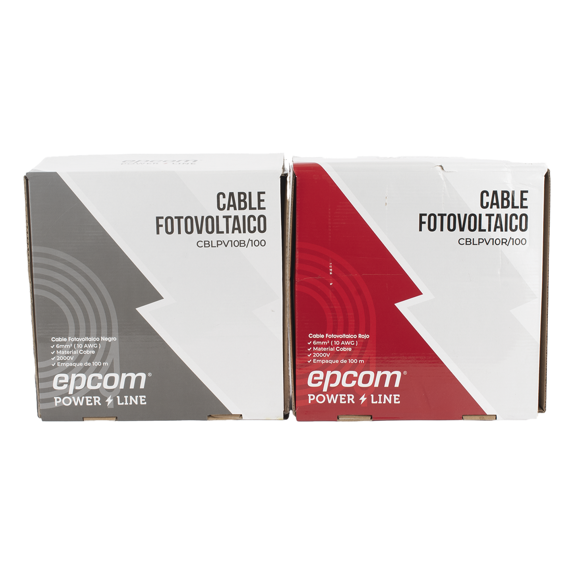 Kit de 2 rollos de 100 metros de cable fotovoltaico de cobre, rojo y negro, calibre 10 AWG (6mm²), Tipo PV, 1000/2000 V y 120°C. — EPCOM POWERLINE · SKU KIT2CBLPV10RB/100