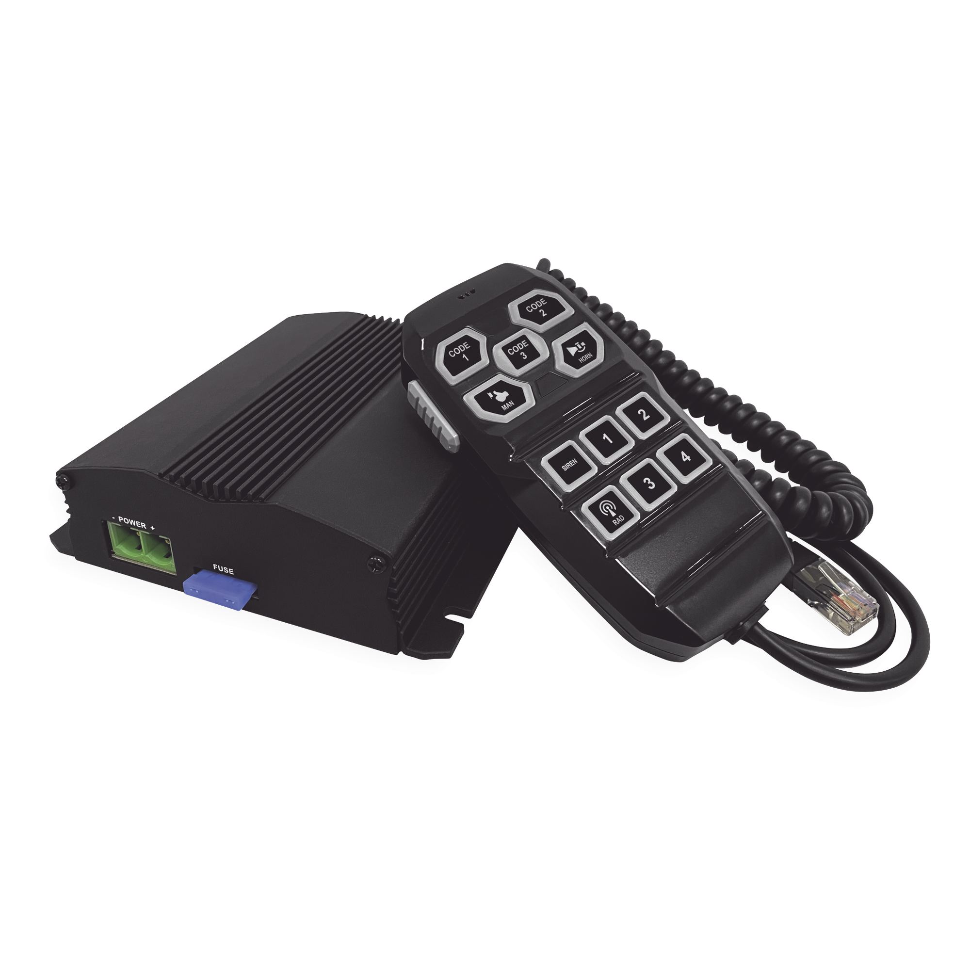 Sirena Vehicular de 100W de Potencia, Incluye Controlador Unimando Para Control de Tonos, 4 Salidas Auxiliares y Microfono — SIGNALPRO · SKU SP104