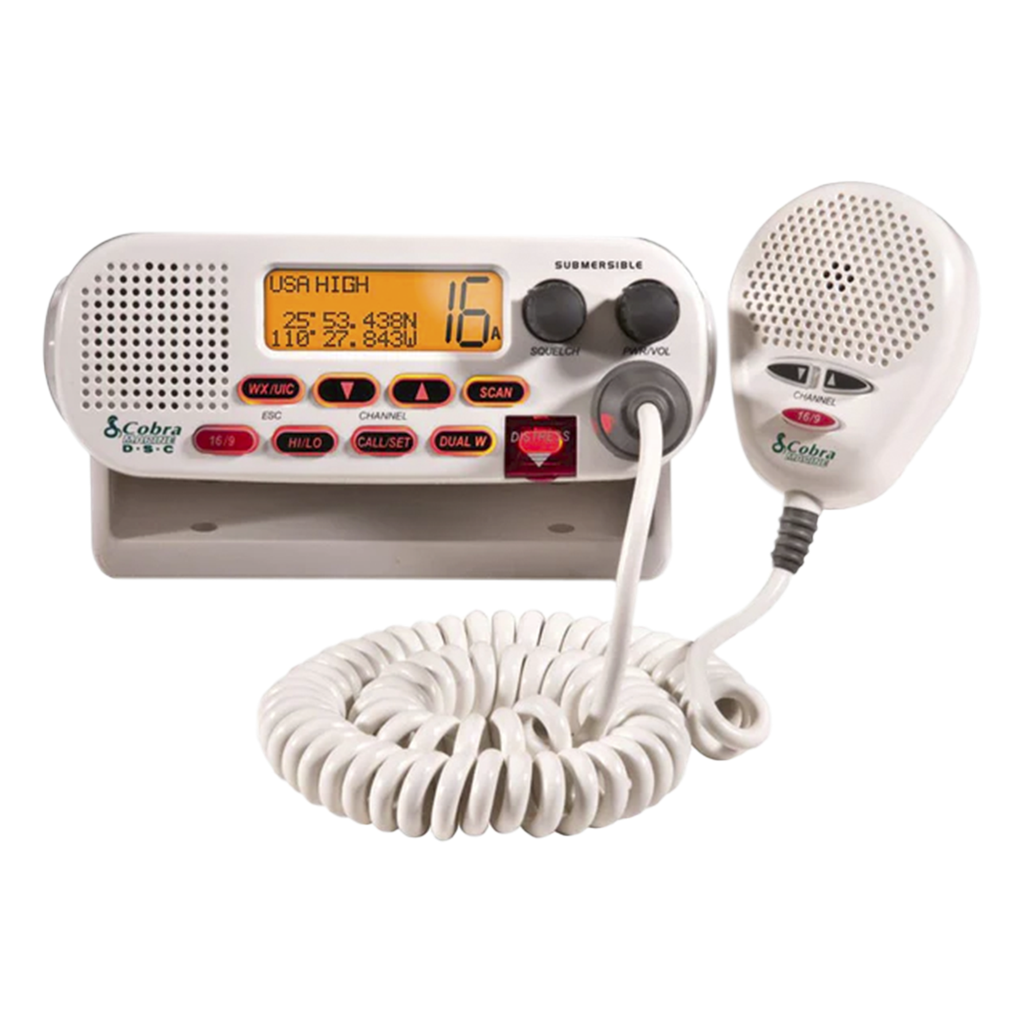 Radio móvil marino VHF clase D con canales Internacionales, de Canadá y Estados Unidos — COBRA · SKU MRF45D