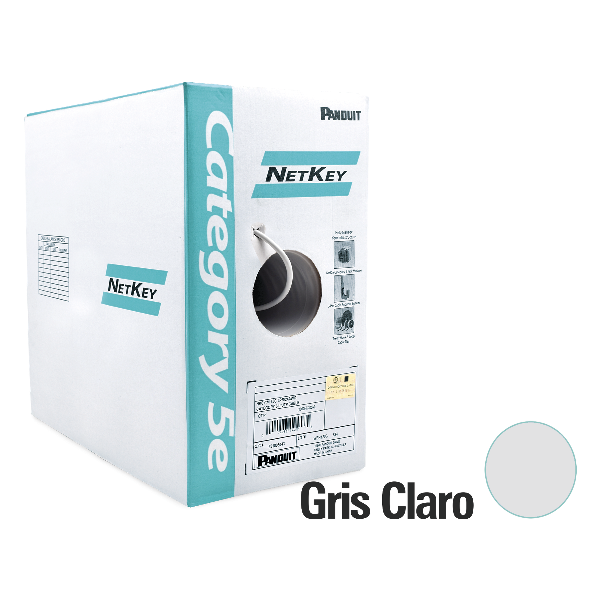 Bobina de Cable UTP 305 Metros (1000 Pies) de Cobre, NetKey, Gris Claro, Categoría 5e (24 AWG), PVC (CM), de 4 Pares — PANDUIT · SKU NUC5C04IG-CE