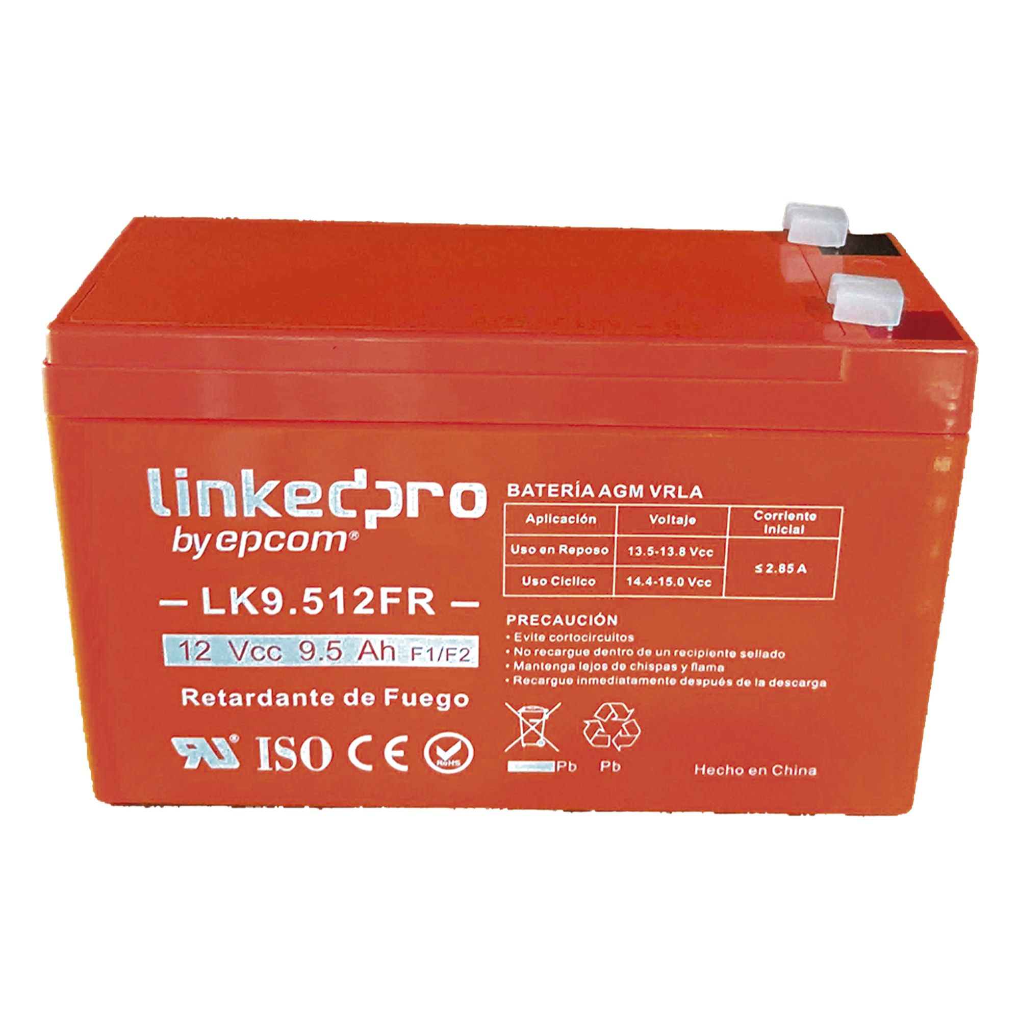 Batería de respaldo 12 V | 9.5 Ah | AGM | Certificada UL94-V0 Retardante a la Flama | Especial para Seguridad Electrónica | UPS | Sistemas de Emergencia | Vida útil 5 años | Terminales F1 + Adaptador F2 — LINKEDPRO BY EPCOM · SKU LK9.512FR