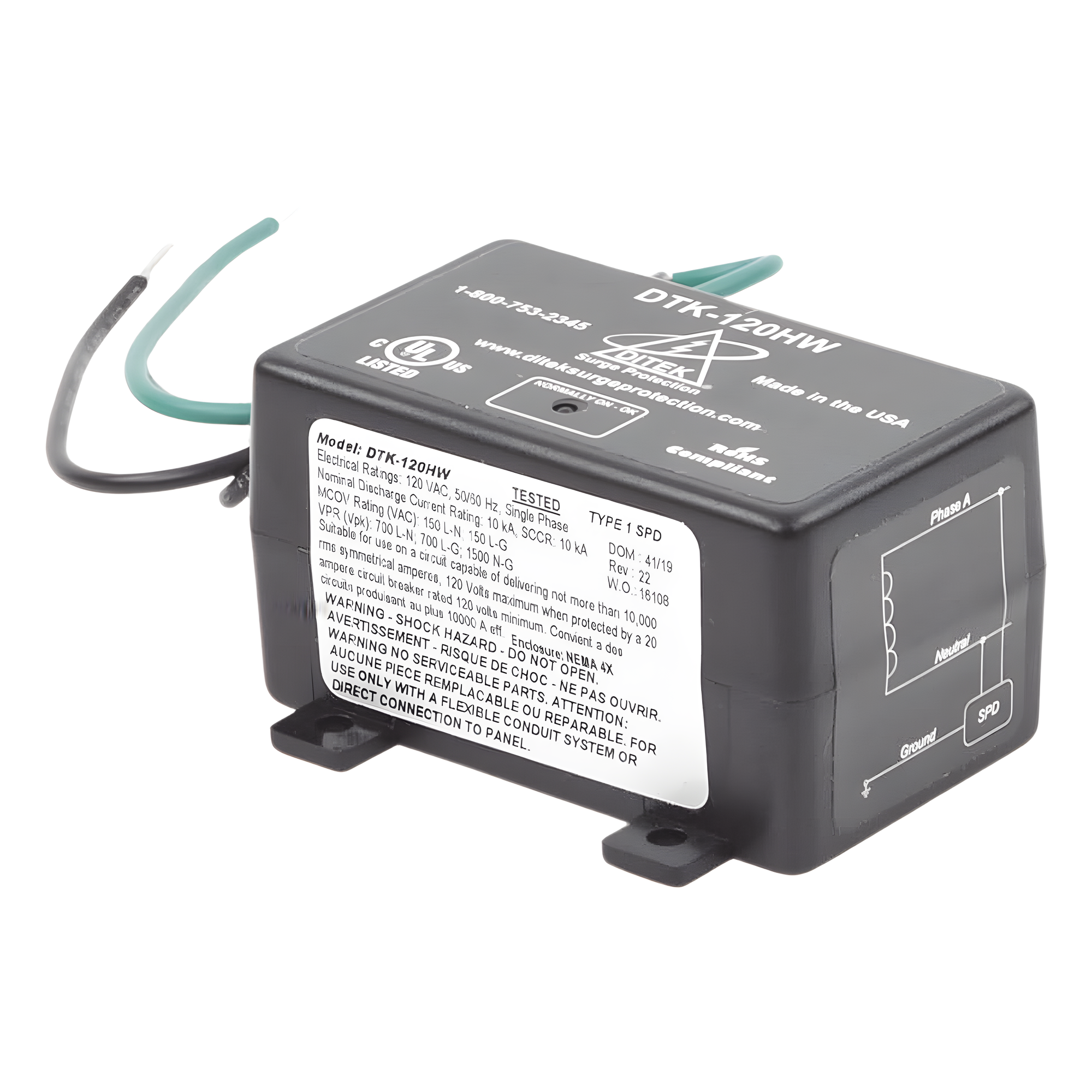 Protector 120 VCA / 15 A / NEMA 4X Exterior / LED Diagnóstico / Paneles de Incendio y Motores — DITEK · SKU DTK-120HW