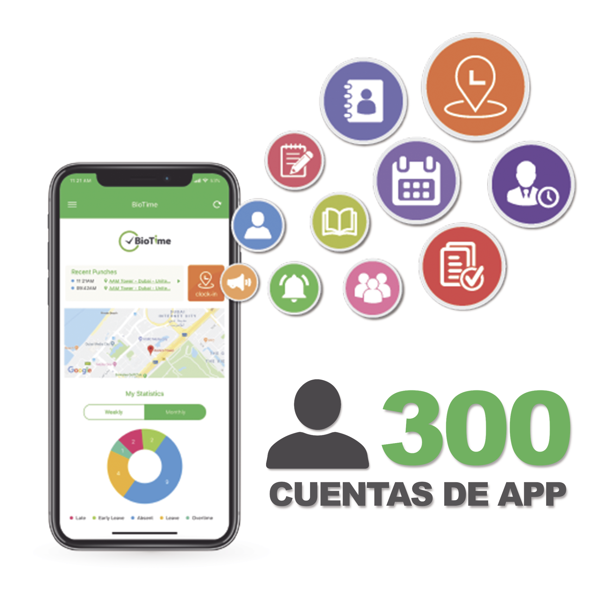 Licencia para realizar checadas de asistencia desde Smartphone (APP) con envío de fotografía y ubicación por GPS / Compatible con BIOTIMEPRO / Licencia para 300 usuario — ZKTECO · SKU BIOTIMEAPP300