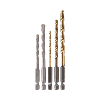 Juego de 5 Brocas con Inserción Hexagonal de 1/4". De concreto: 3/16" y 1/4". Para metal: 1/8", 3/16" y 1/4". 