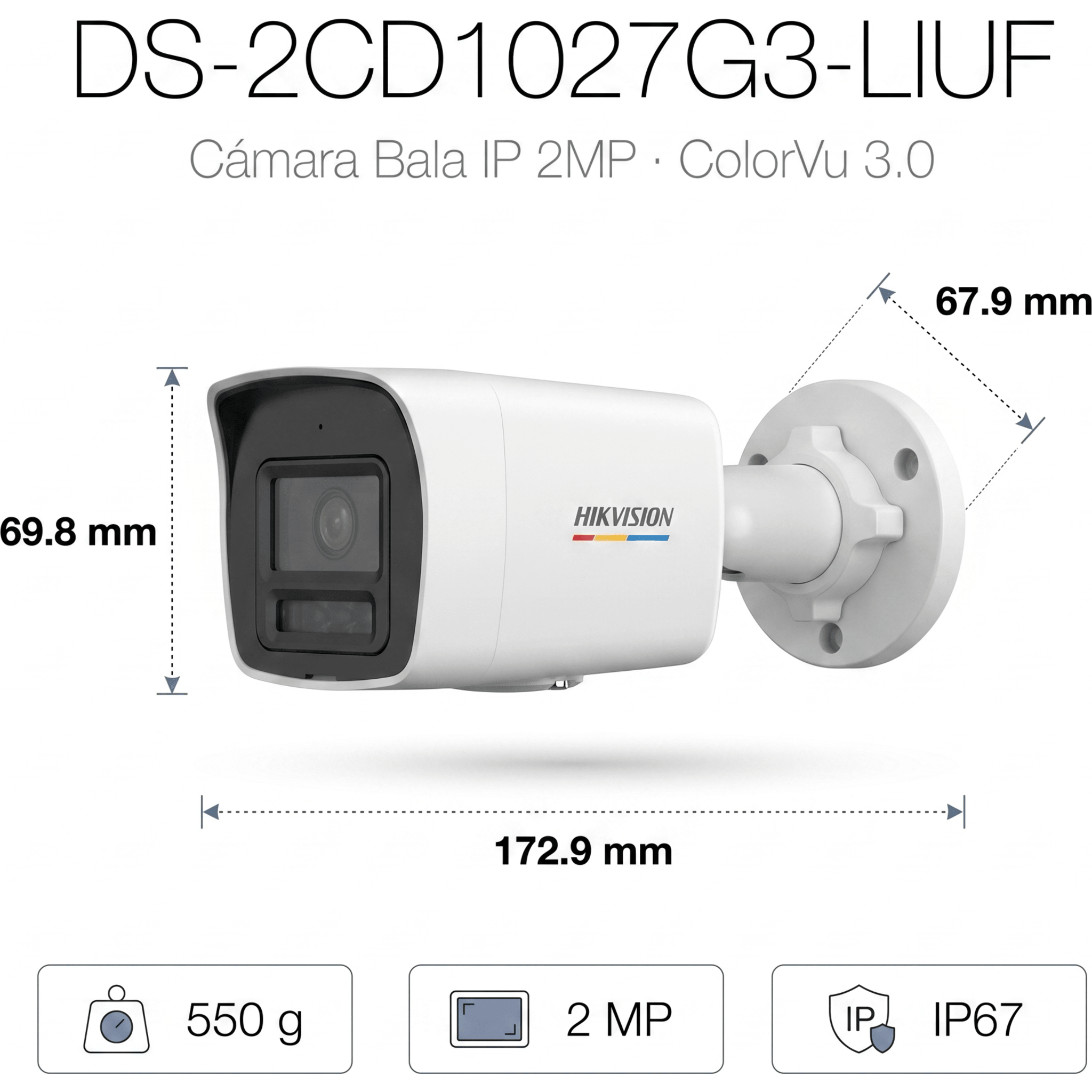 [ColorVu 3.0 + MD 3.0] Bala IP 2 Megapixel / Lente 2.8 mm / 30 mts IR + 30 mts Luz Blanca / Micrófono Integrado / Detección de Movimiento 3.0 / Exterior IP67 / WDR 120 dB / PoE / Micro SD 