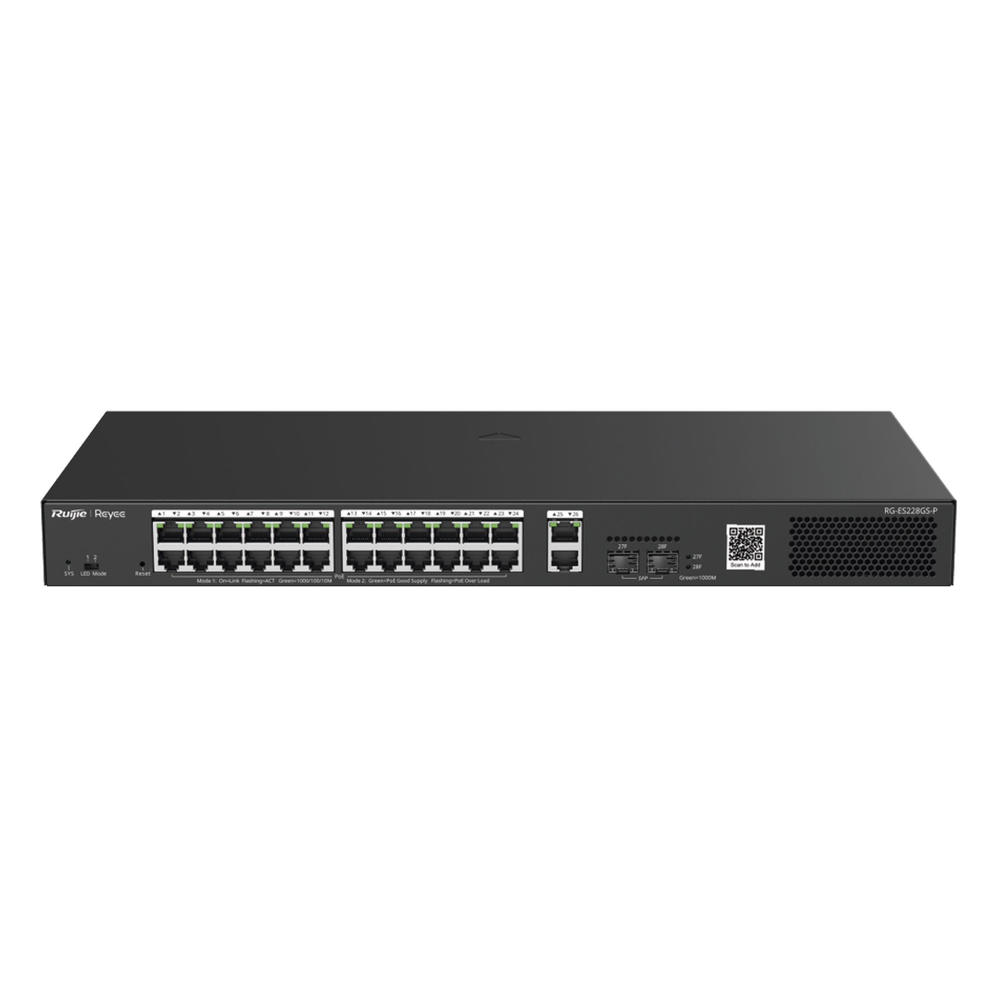 Switch Smart PoE con 24 puertos Gigabit PoE 802.3af/at + 2 SFP para fibra 1Gb, gestión gratuita desde la nube, 370w — RUIJIE · SKU RG-ES228GS-P