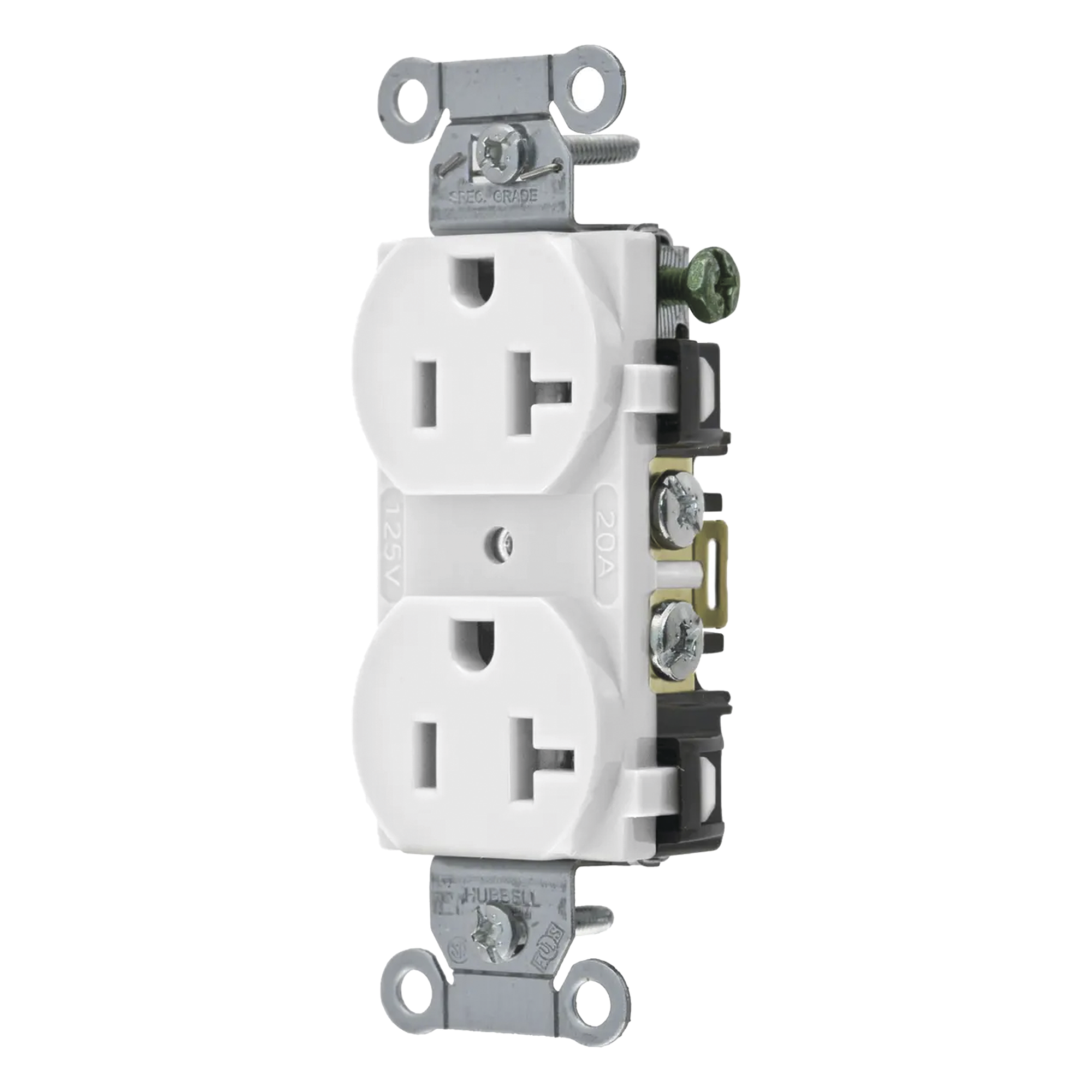 Contacto Dúplex 20 A, 125 V,  2 Polos, 3 Hilos, Cableado Posterior y  Lateral, Color Blanco (Nema 5-20R). — HUBBELL · SKU HUB-BR-20-WHI