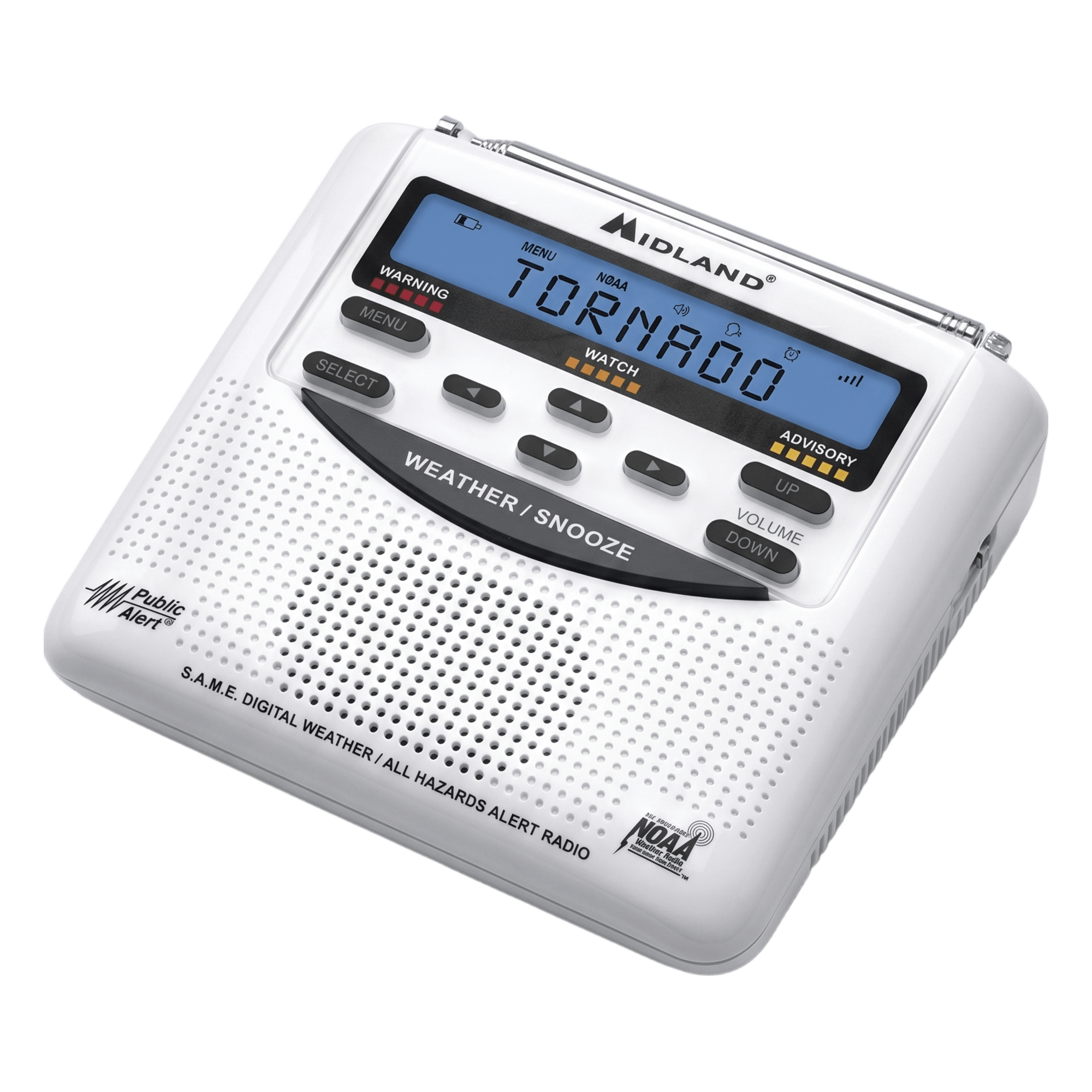 Radio de Alerta Meteorológica / 7 Canales NOAA / Tecnología S.A.M.E. / Sirena 90 dB / Respaldo por Baterías AA / Certificación Public Alert — MIDLAND · SKU WR120DSP