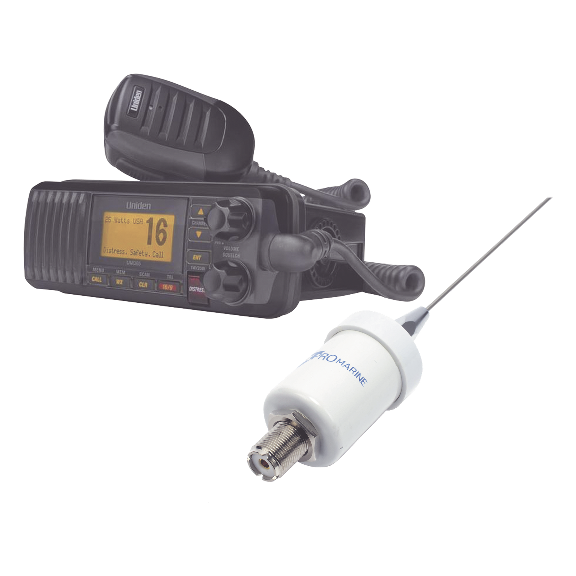 Kit de radio UM385BK | mas antena marina de fibra de vidrio TX-1600-SYS — UNIDEN · SKU UM-385BK/KIT1600