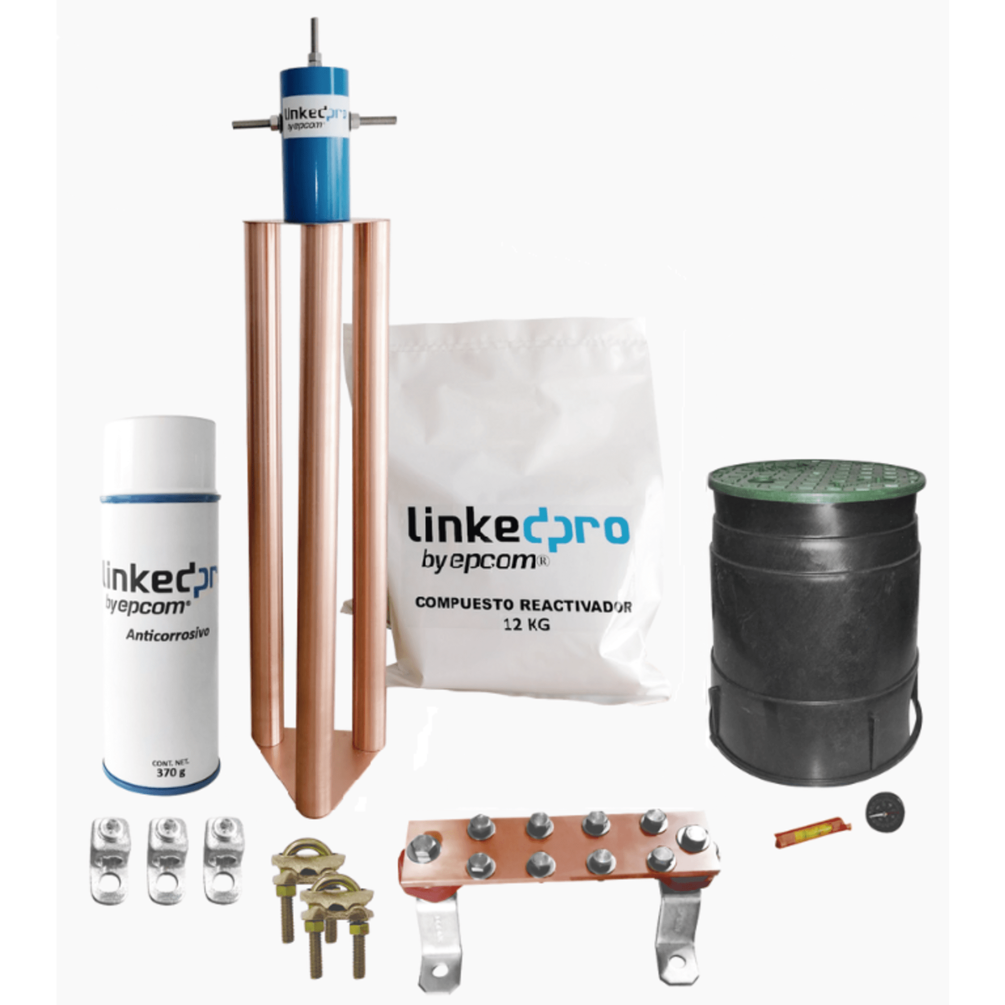 Kit Puesta a Tierra 200A / Electrodo Cobre Electrolítico / Diseño Delta / Filtro Equipotencial / Compuesto 12 kg / Barra Unión + Conectores + Registro