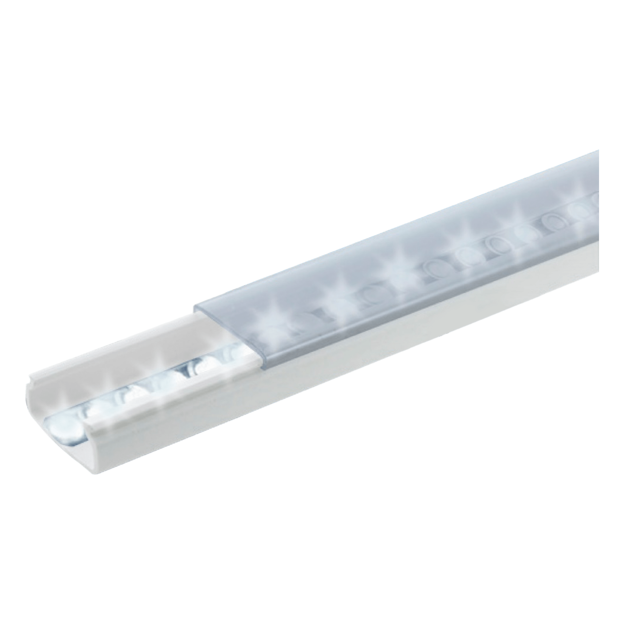 Difusor para tira LED con tapa transparente de PVC auto extinguible, ideal para colocar iluminación, 20 x 10mm, tramo de 1.53 m con cinta Autoadherible. — THORSMAN · SKU TMK-1020-TP2