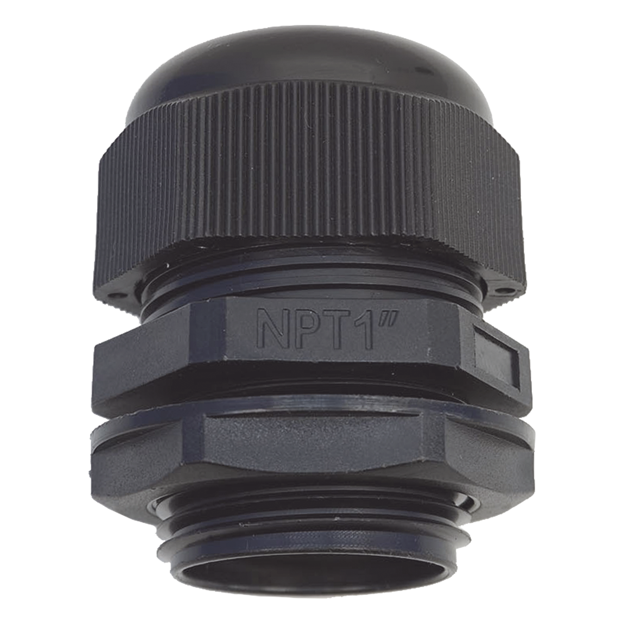 Conector Glándula Plástico / Rosca NPT 1" (25.4 mm) / Rango de Cable 16-22 mm / Color Negro / 7 Dimensiones Precisas