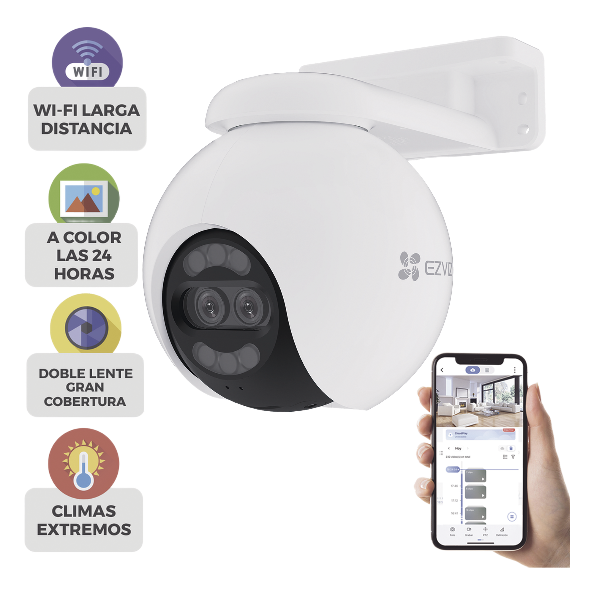 Cámara PT / Wi-Fi / Lente Dual / Panorámica 360° / Resolución 4K / Visión Nocturna ColorFULL / IA Detección de Humanos y Vehiculos / Alarma con Sirena y Luz / IP65 — EZVIZ · SKU CS-H80X