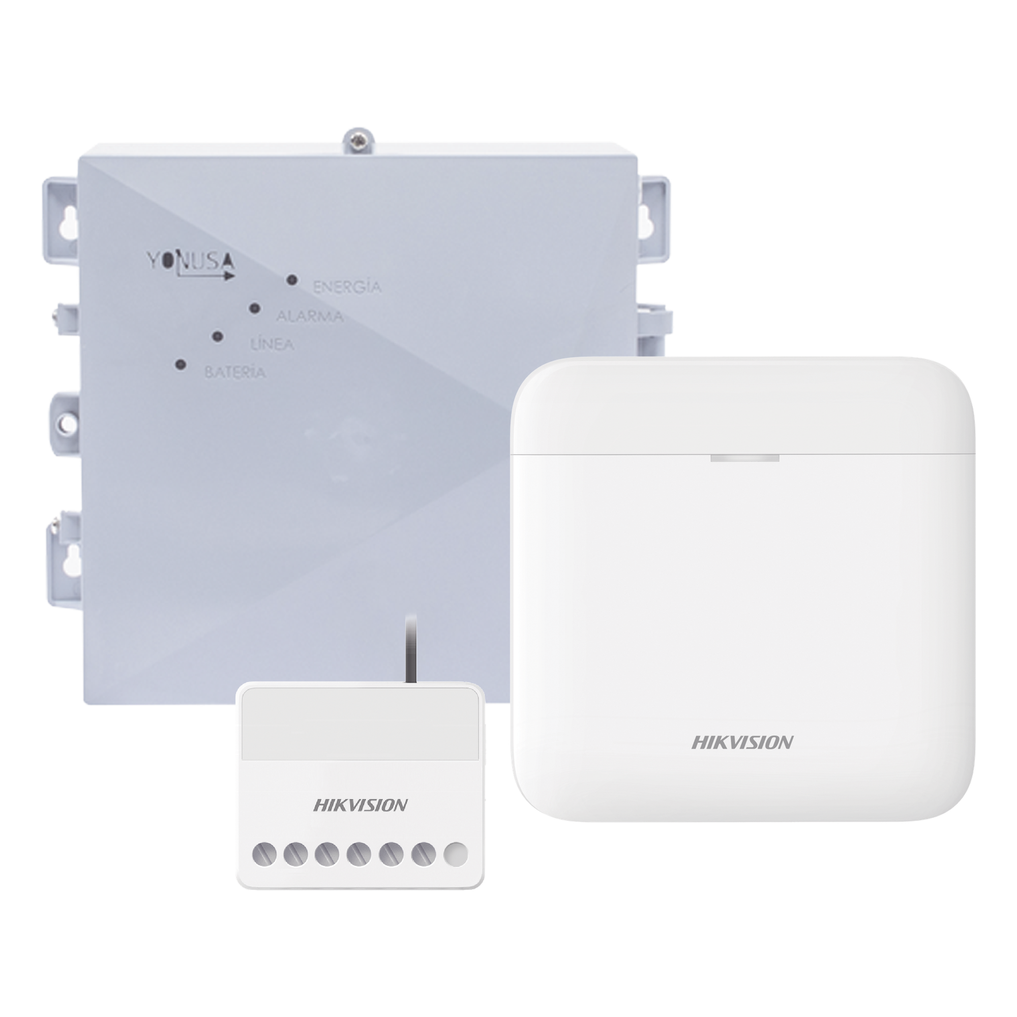 (AX PRO + YONUSA) KIT de Alarma AX PRO / Incluye: 1 Hub con bateria de respaldo / 1 Energizador 2500Mts Lineales / 1 Relevador 0 a 36 Vcc (Max. 5 A) con Entrada de Alarma 27/7 — HIKVISION · SKU DS-PWA48-SYSNG