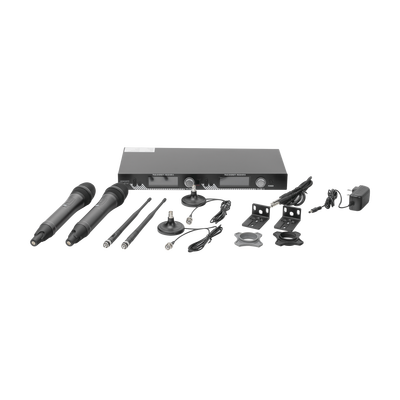 Kit de Microfonía inalámbrico | 2 Micrófonos de mano | Receptor UHF | Pantalla LCD | 200 Canales | Gran cobertura