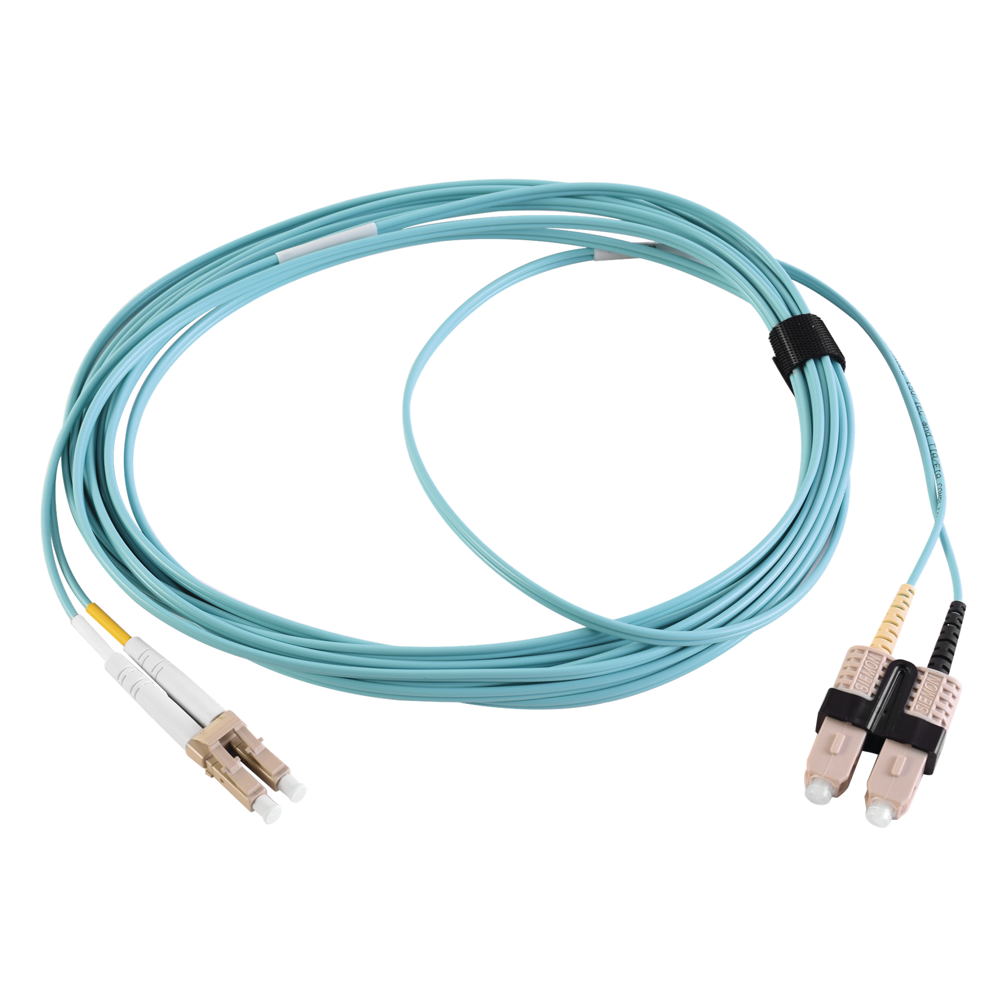 Jumper de Fibra Óptica Multimodo 50/125 XGLO OM3, LC-SC Duplex, OFNR, Color Aqua, 1 Metro (3.28 Pies) — SIEMON · SKU FJ2-LCSC5L-01AQ
