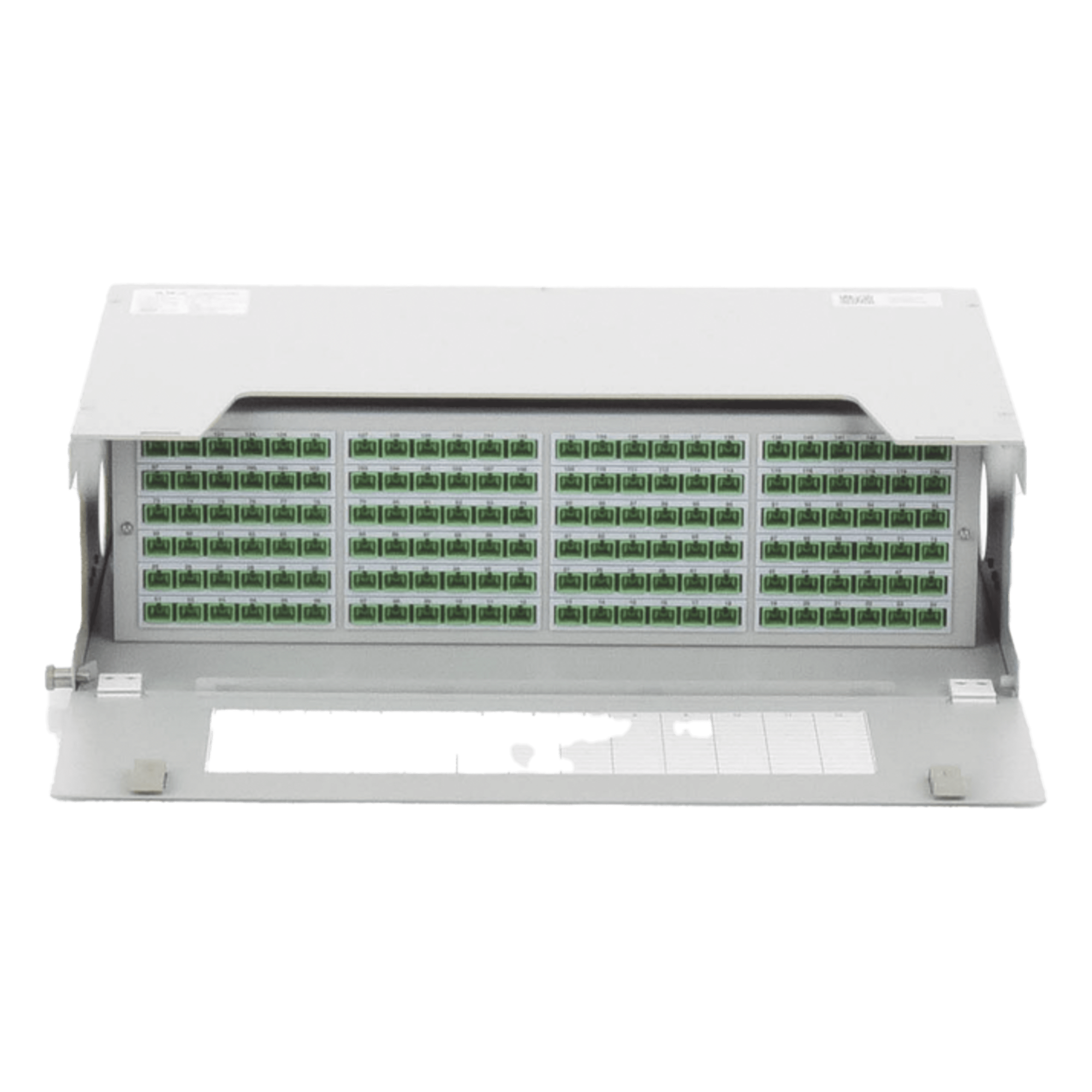 Distribuidor de Fibra Óptica para 144 Empalmes, con 144 Acopladores SC/APC y 144 Pigtails, 19, 5 UR — FIBERHOME · SKU ODU19T-B144-B