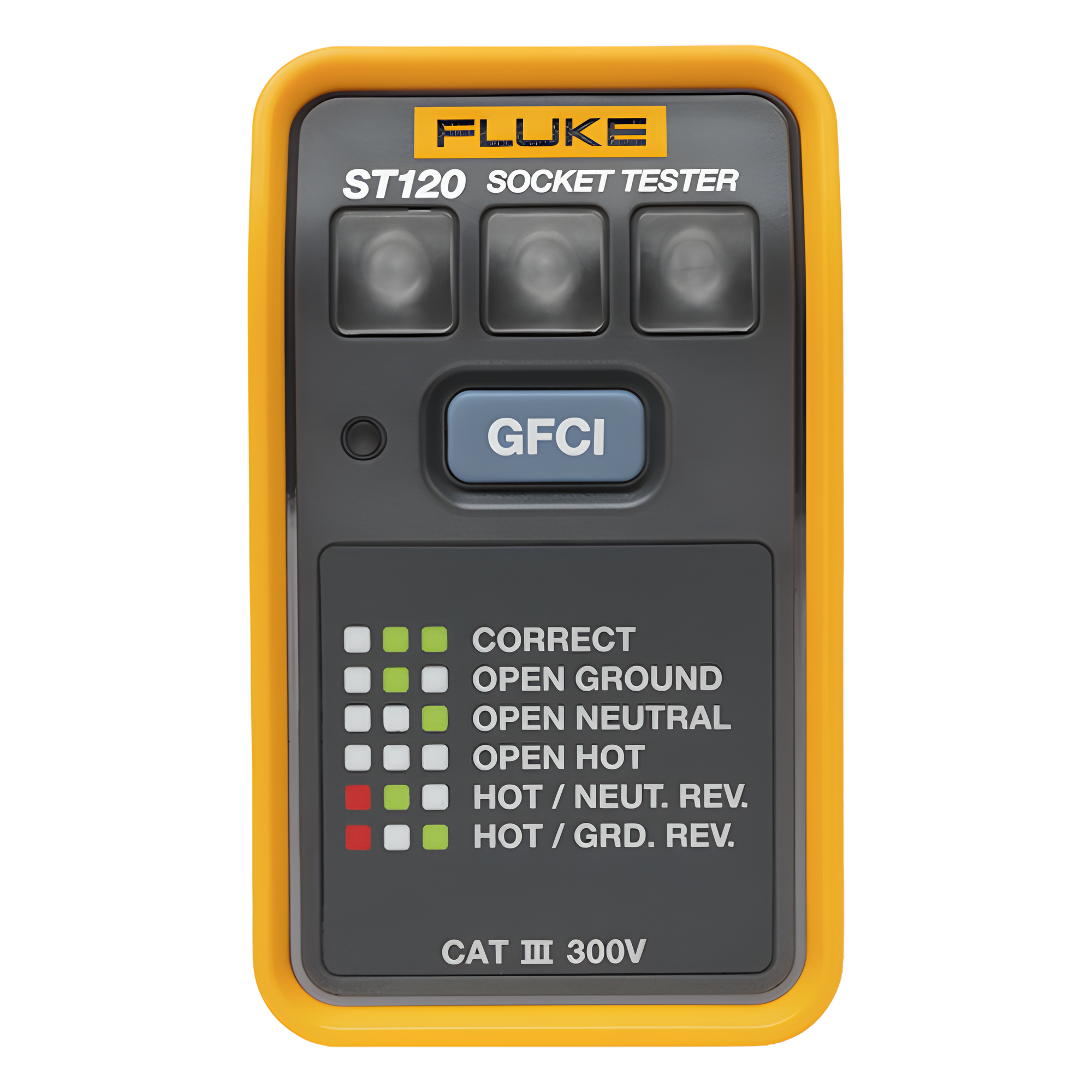Probador de Tomacorriente Eléctrico Estándar o GFCI, Con LEDs de Alto Brillo y Gráfico Incluido Para Verificar Rápida y Fácilmente el Cableado — FLUKE · SKU ST120